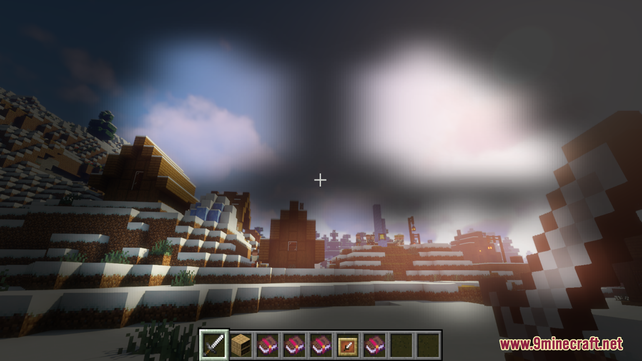 Player wearing pumpkin helmet with clear vision in snowy village