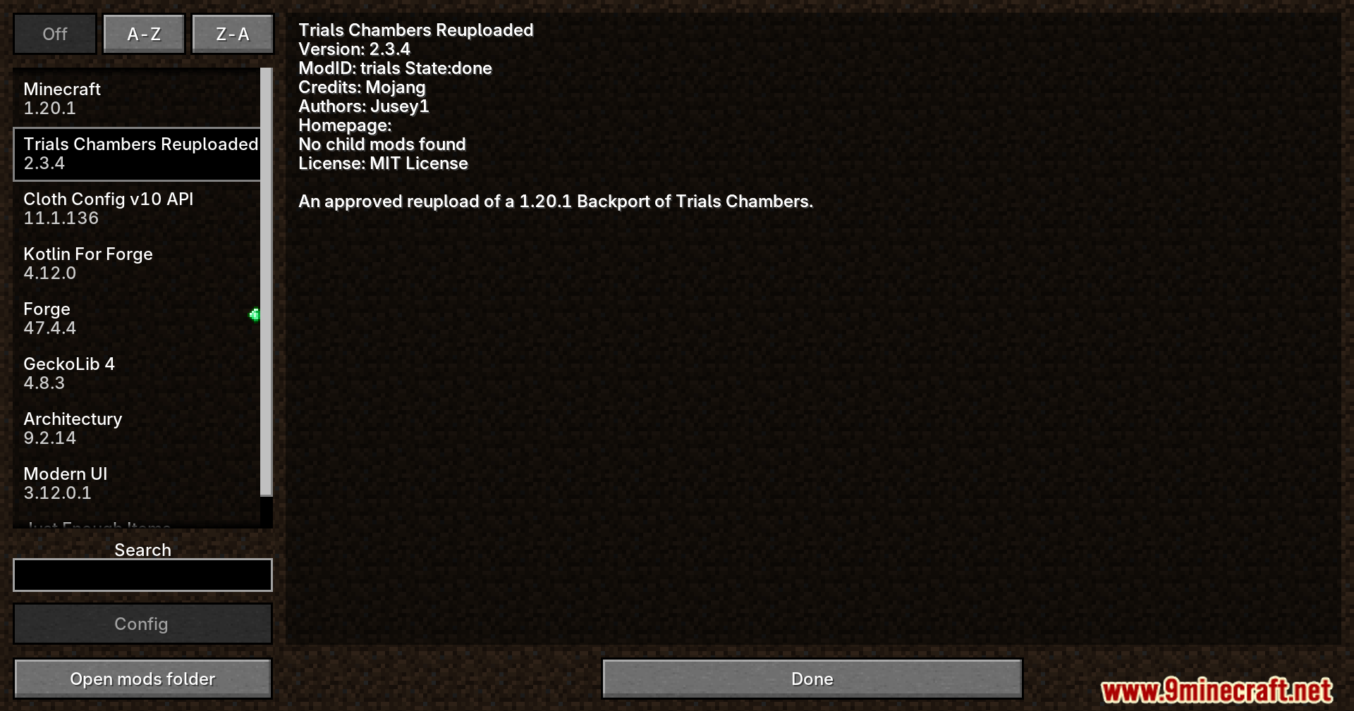 Trials Chambers Reuploaded Mod Screenshot 1 Minecraft mod menu displaying the Trials Chambers Reuploaded mod information