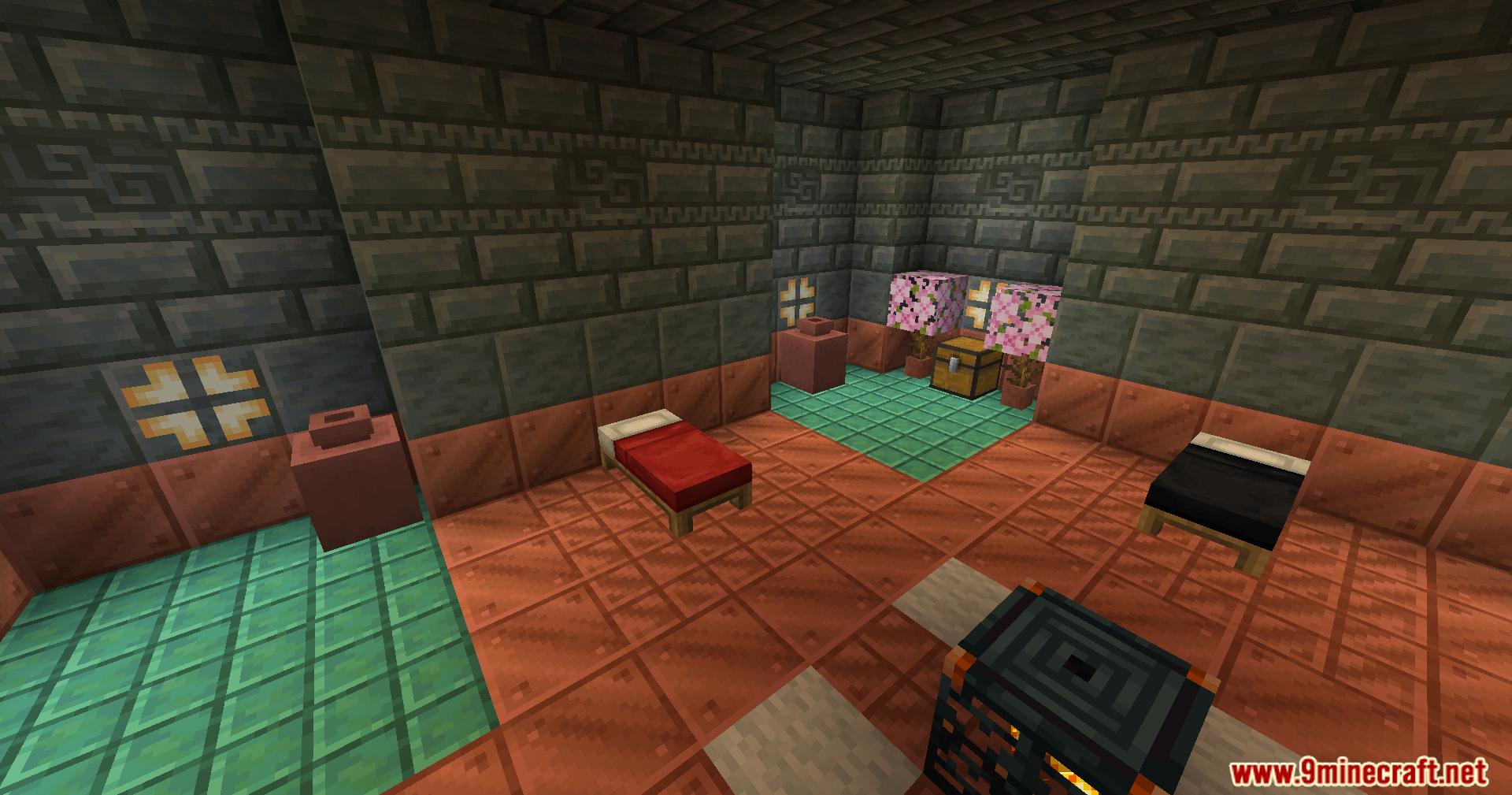 Trials Chambers Reuploaded Mod Screenshot 15 Red and black beds inside a room using Tricky Trials blocks
