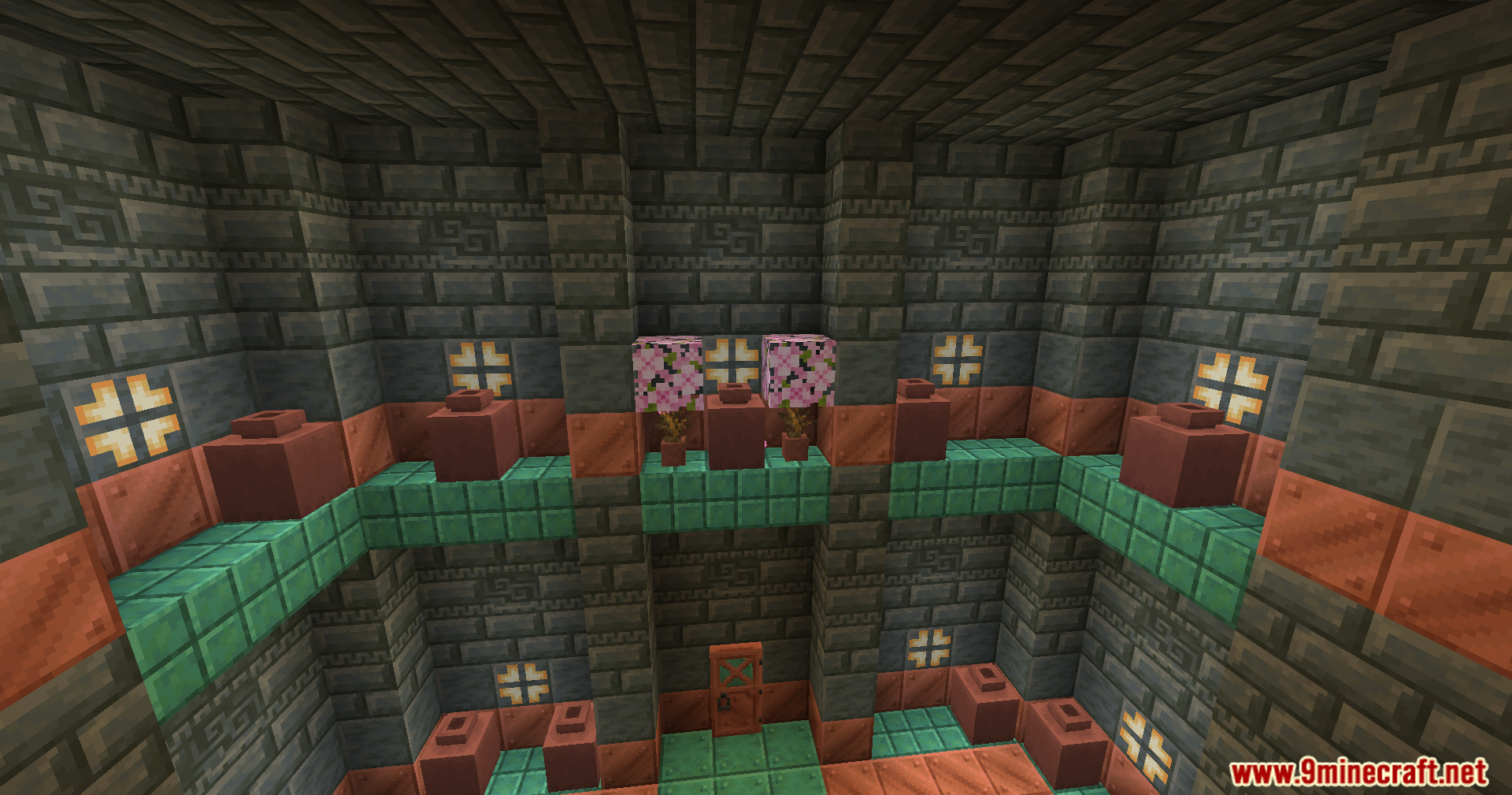 Trials Chambers Reuploaded Mod Screenshot 8 Decorated pots on a copper balcony in Trials Chambers Reuploaded Mod