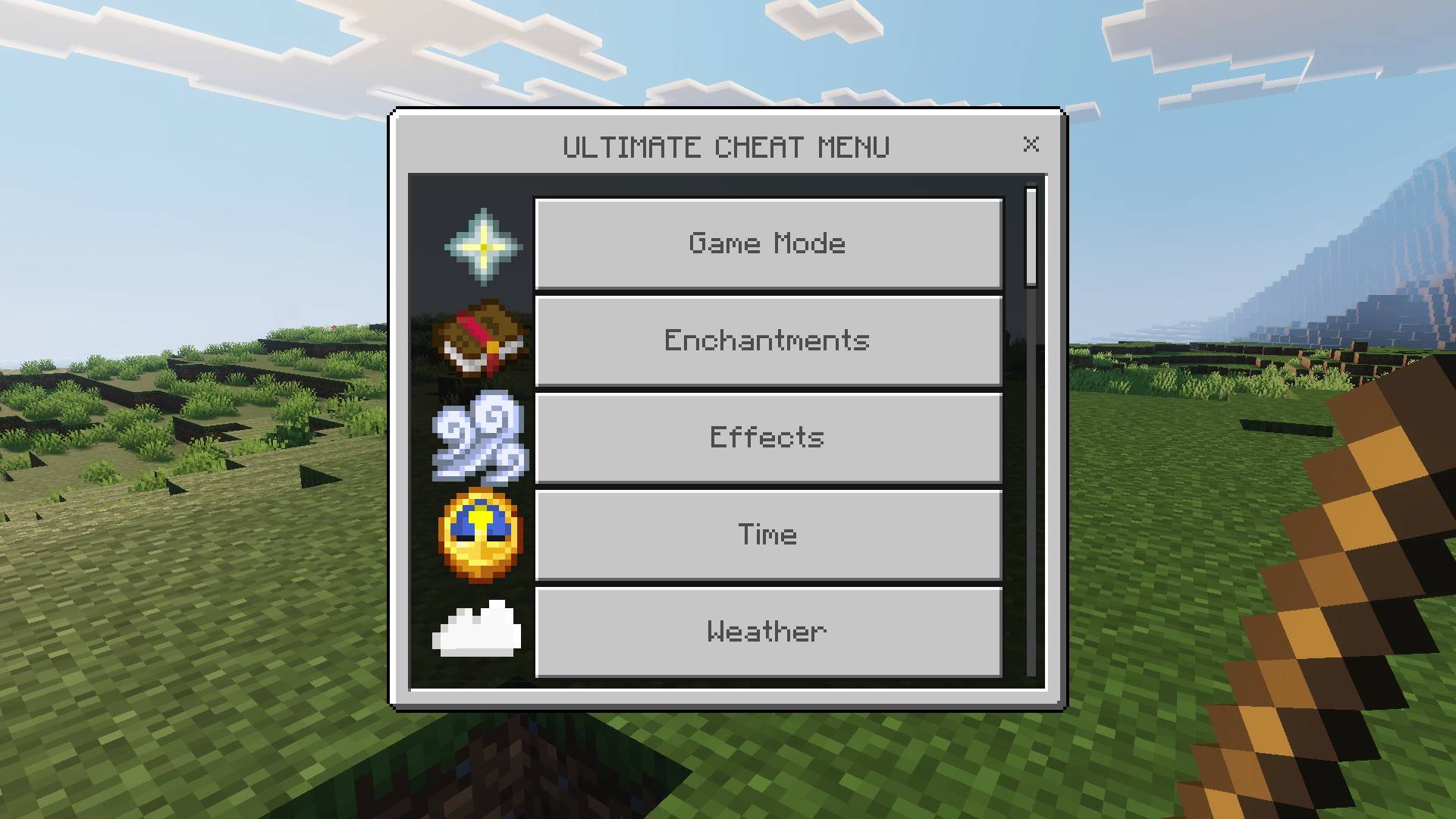 Player holding a stick opens the Ultimate Cheat Menu mod interface
