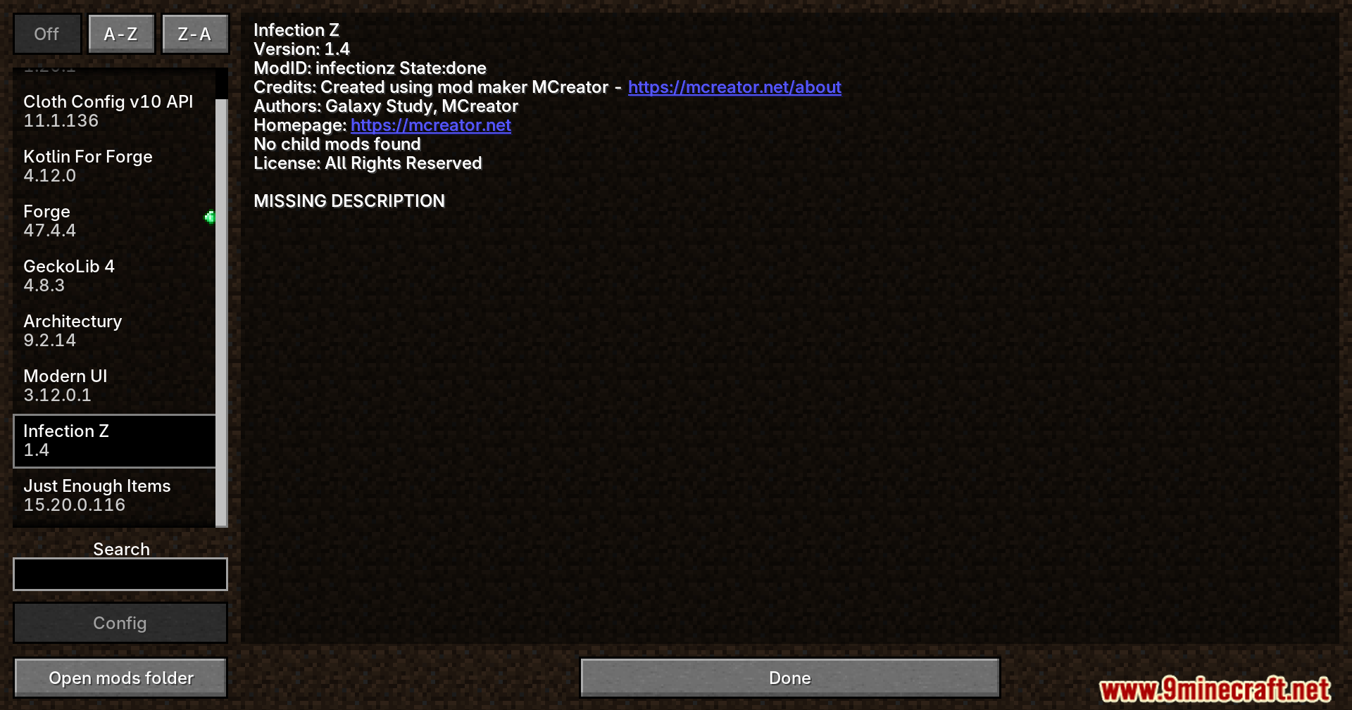 Minecraft mod menu displaying the Infection Z mod information screen