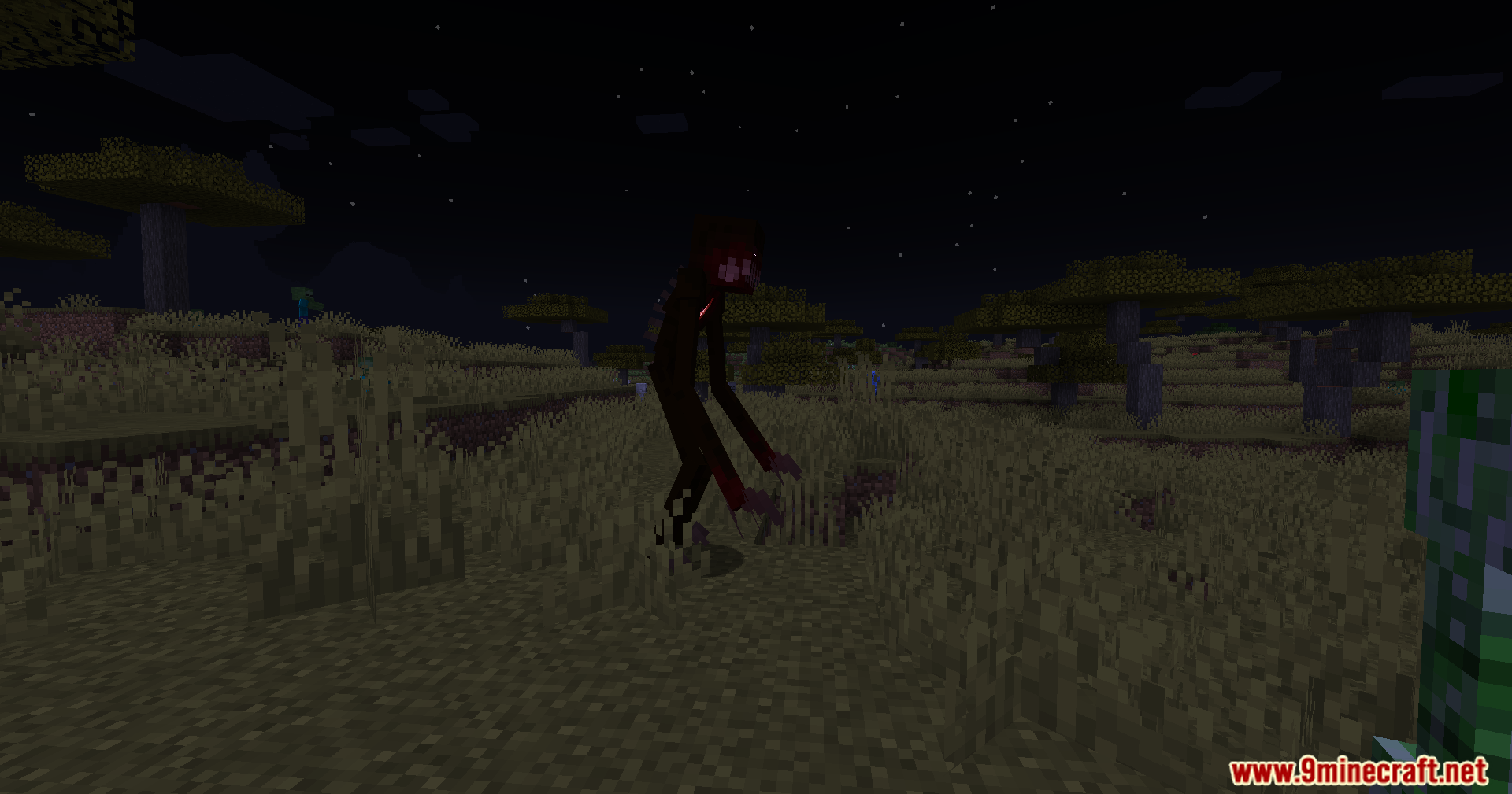 Dark lanky mutant monster with glowing eyes walking at night