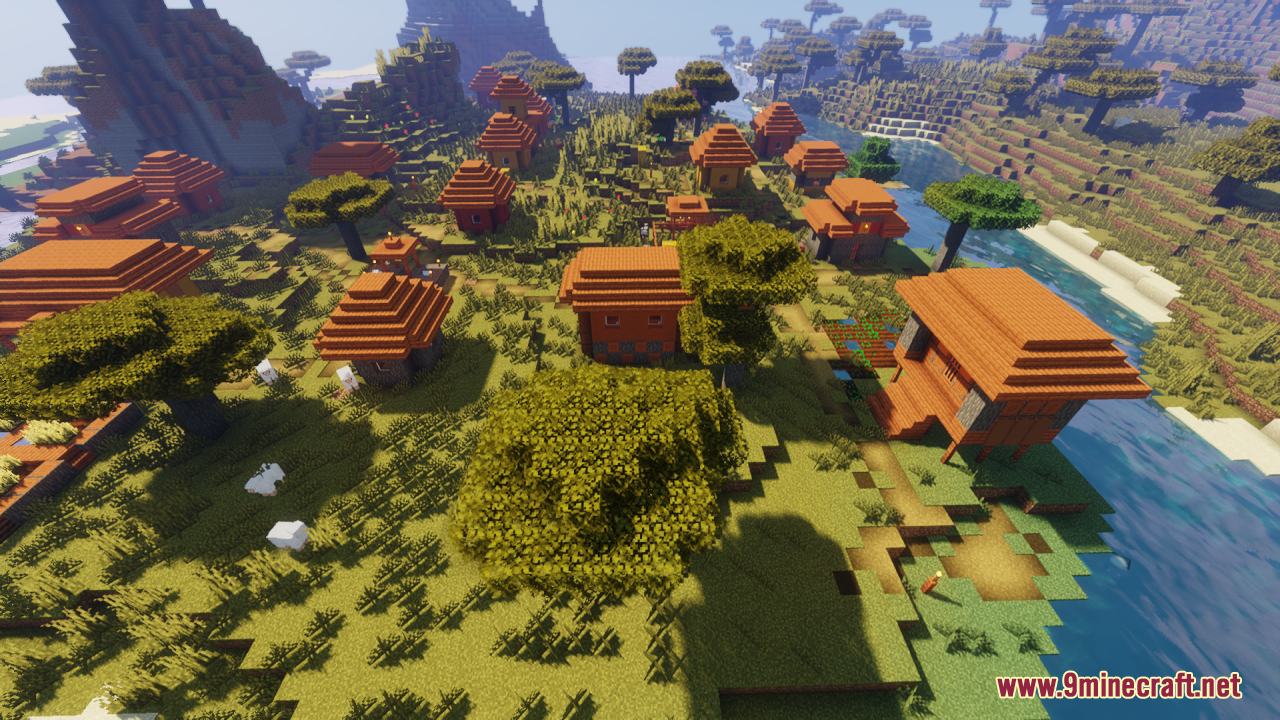 Aerial view of a savanna village featuring bushy acacia leaves