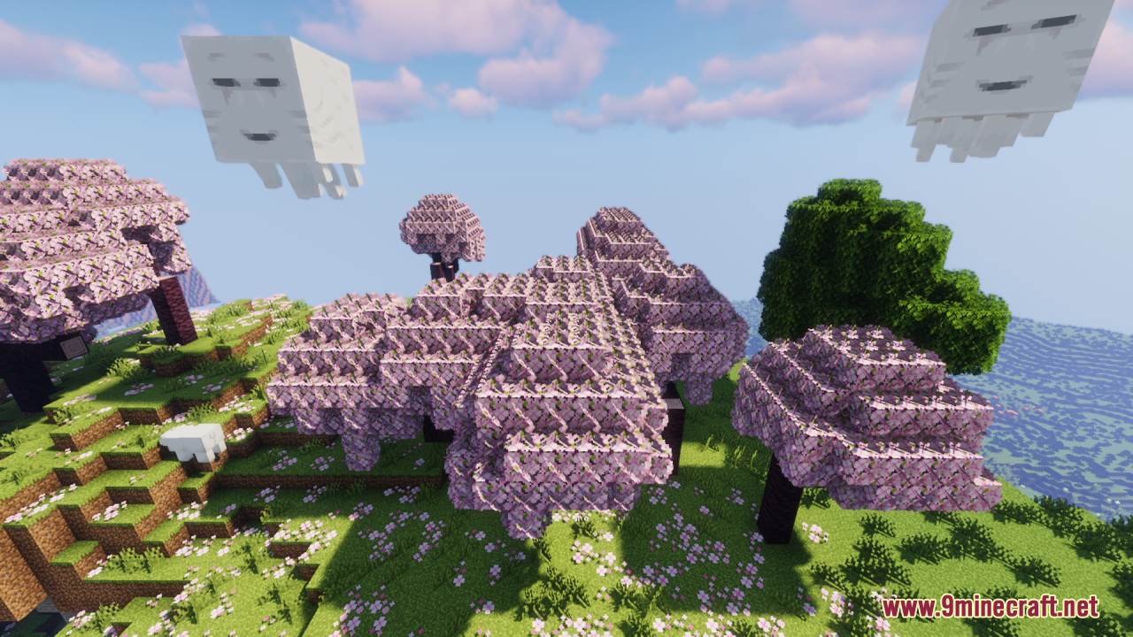 Two Ghasts floating above bushy pink cherry blossom trees in Minecraft