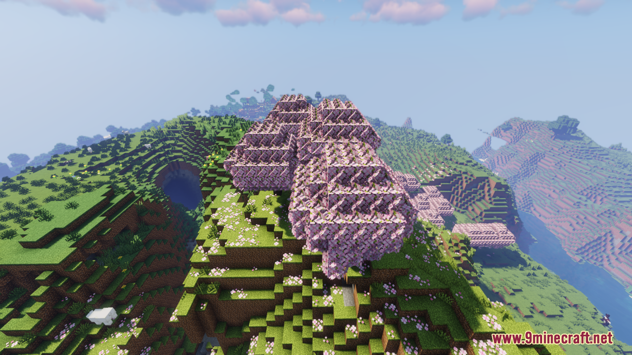 Pink cherry tree displaying the Universal Bushy Leaves texture pack effect