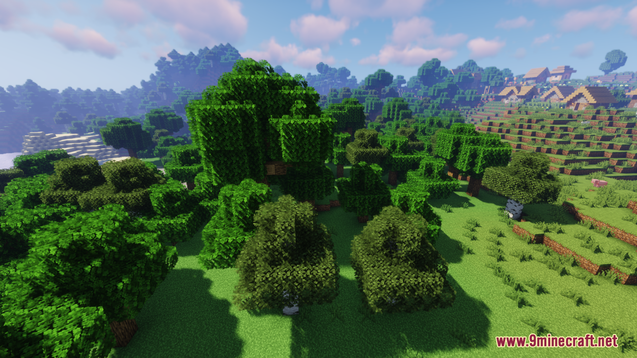 Close up of dense green trees with custom bushy leaf textures