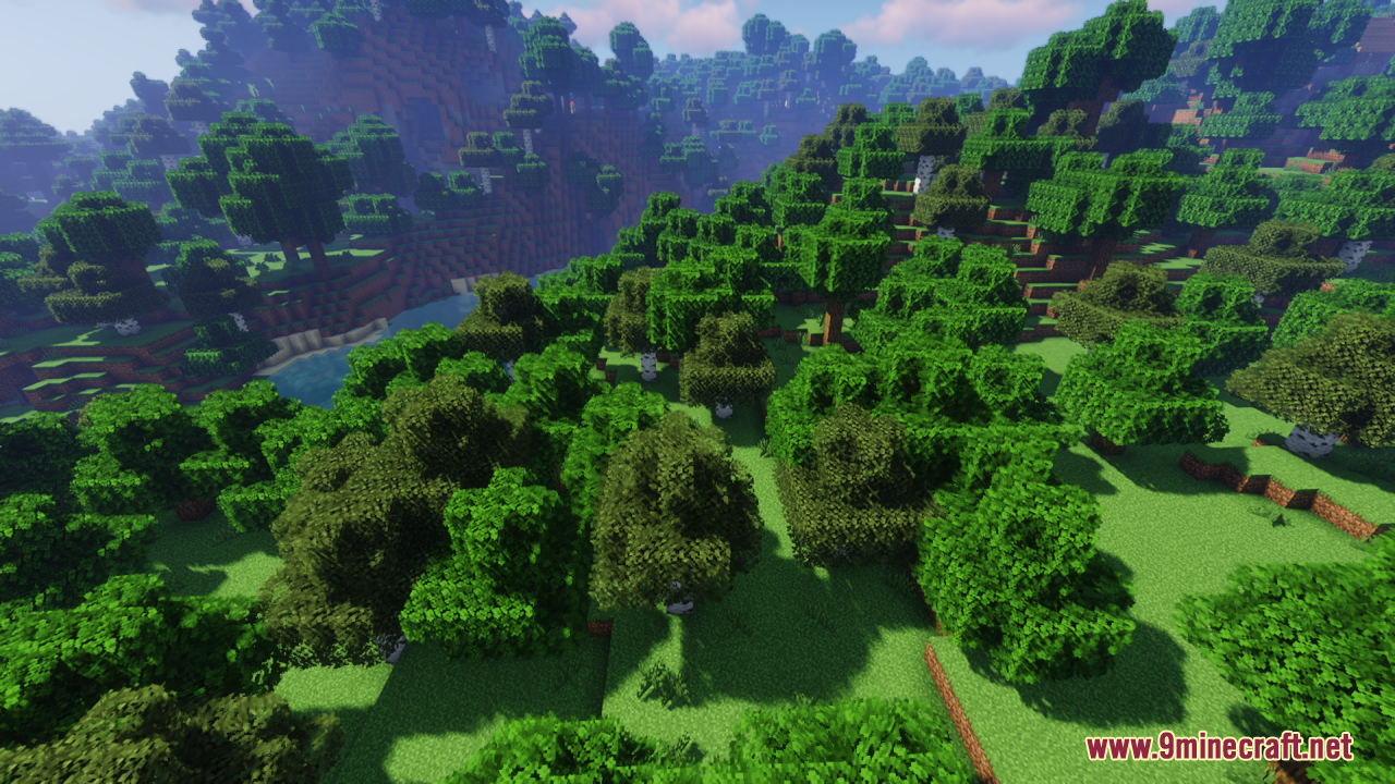 Scenic valley landscape covered in forests with enhanced leaf blocks