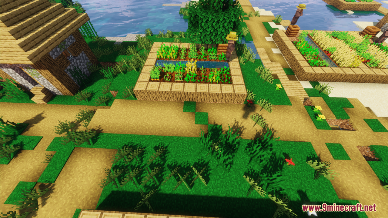 Universal Seasons Texture Pack Resource Pack Screenshot 1 Vibrant green grass and crops in a Minecraft village farm area
