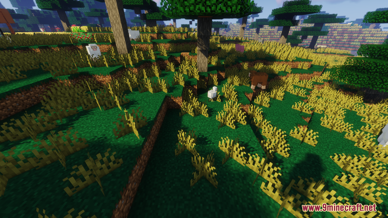 Universal Seasons Texture Pack Resource Pack Screenshot 10 Animals wandering through tall yellow grass in a savanna biome setting