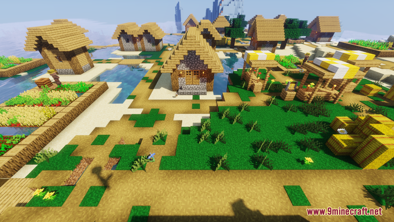 Universal Seasons Texture Pack Resource Pack Screenshot 2 Wide view of a coastal village with bright green seasonal grass