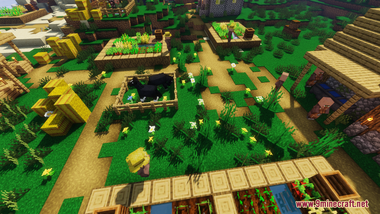 Universal Seasons Texture Pack Resource Pack Screenshot 3 Top down view of village farms and animal pens with vibrant grass