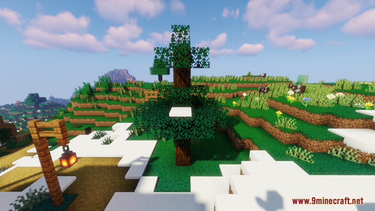 Universal Seasons Texture Pack Resource Pack Screenshot 6 Oak tree with snow on leaves near a wooden lantern