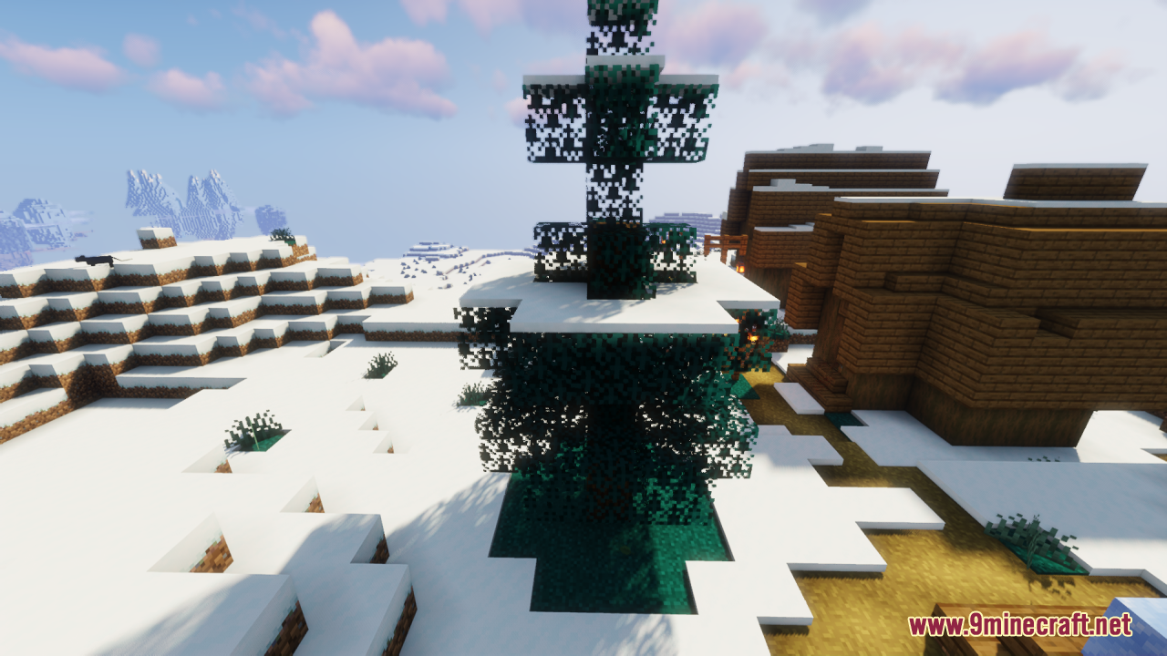 Universal Seasons Texture Pack Resource Pack Screenshot 7 Tall spruce tree covered in snow near wooden village houses