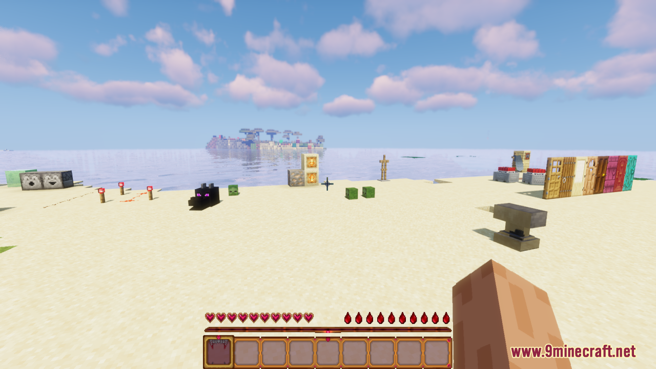 Beach landscape displaying the redesigned hotbar and hunger bar interface