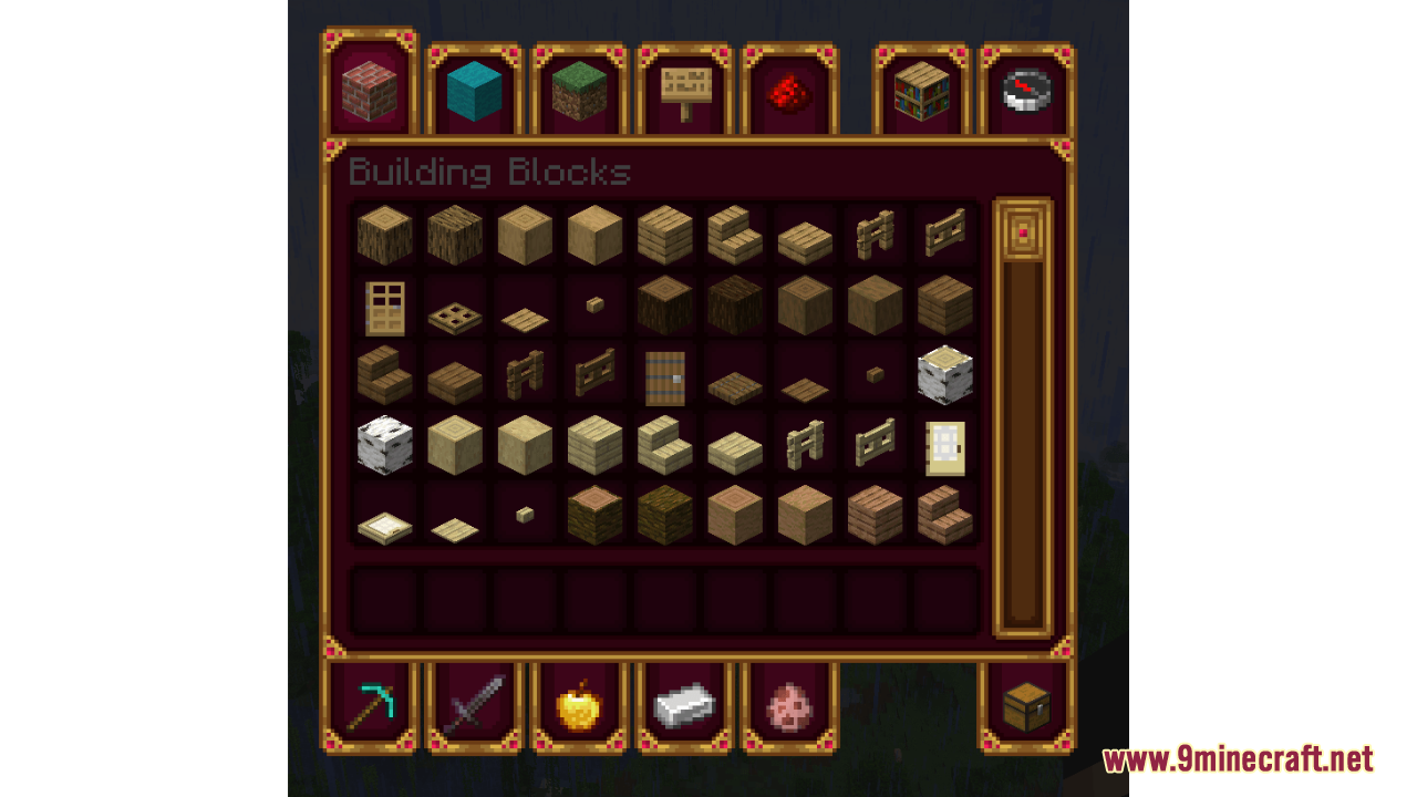 Creative inventory menu featuring dark red background and gold borders