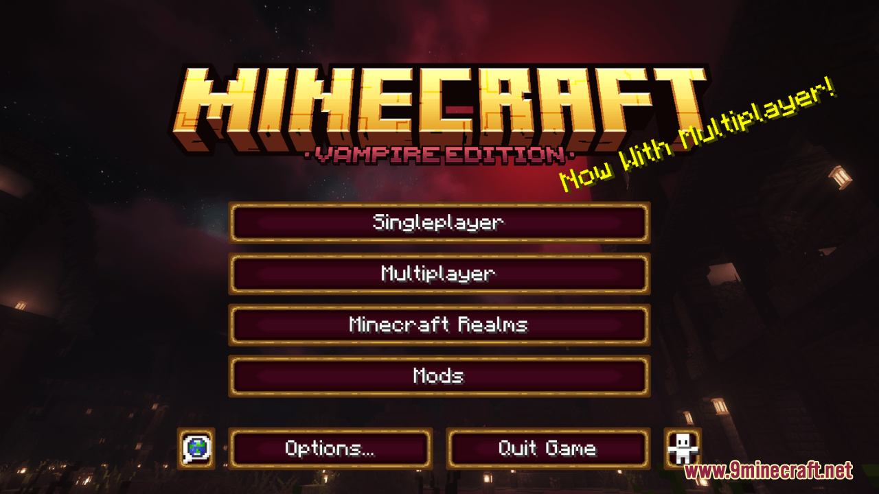 Redesigned main menu screen showing the Minecraft Vampire Edition title