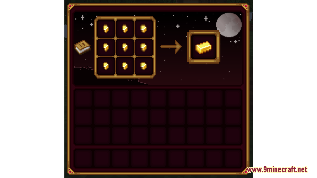 Crafting gold ingot using nine nuggets in custom dark themed interface