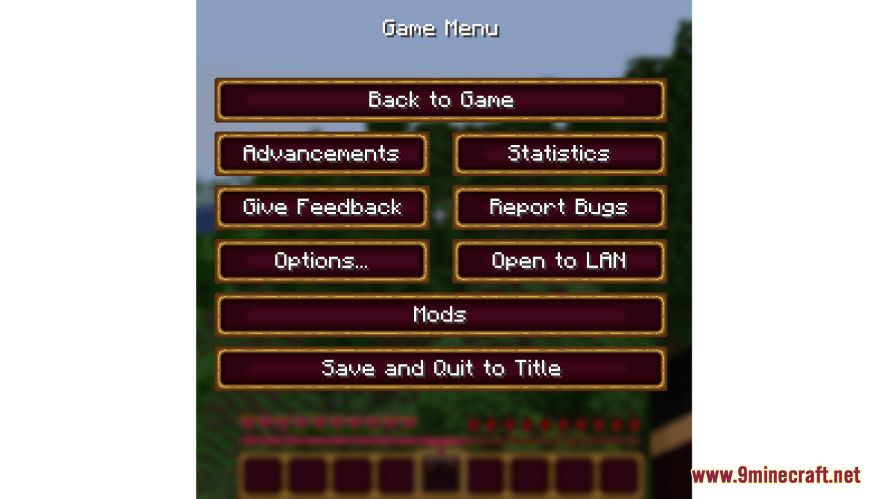 Redesigned game menu showing dark red buttons with elegant gold borders
