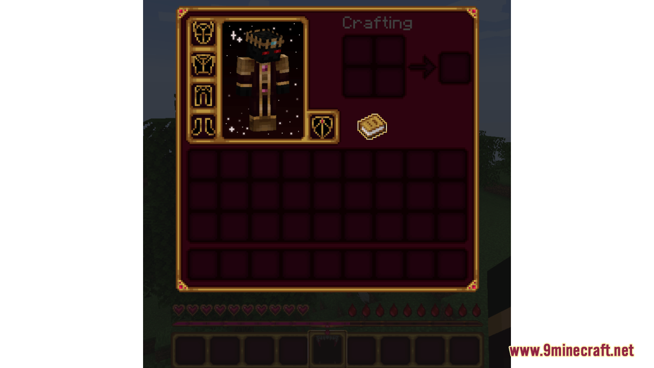 Custom player inventory interface with starry background and dark red slots