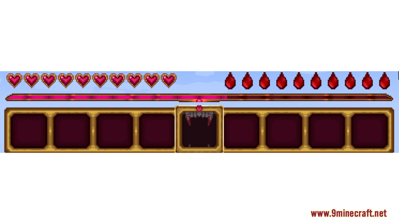 Vampiric HUD featuring custom hearts blood drops and fang hotbar design
