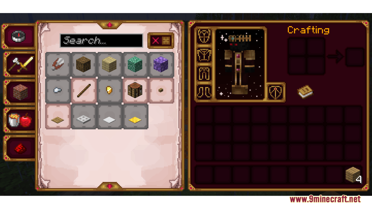 Player viewing crafting menu with Vampiric Gui Texture Pack