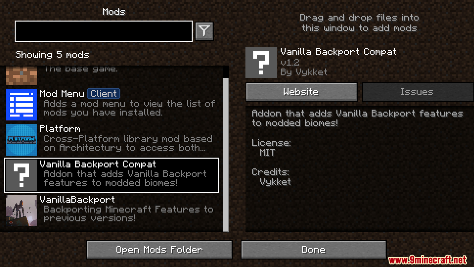 Viewing Vanilla Backport Compat mod details in the game menu