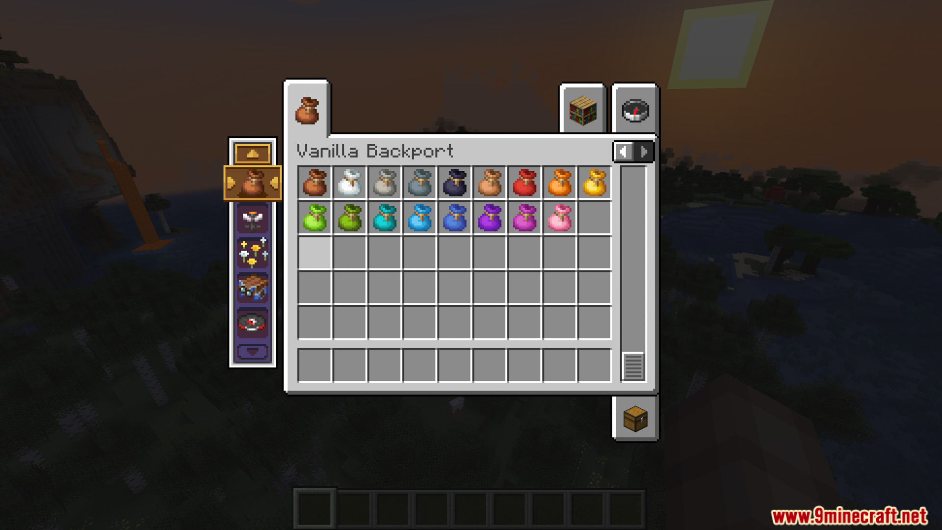 Vanilla Backport mod inventory tab showing various colored bundles