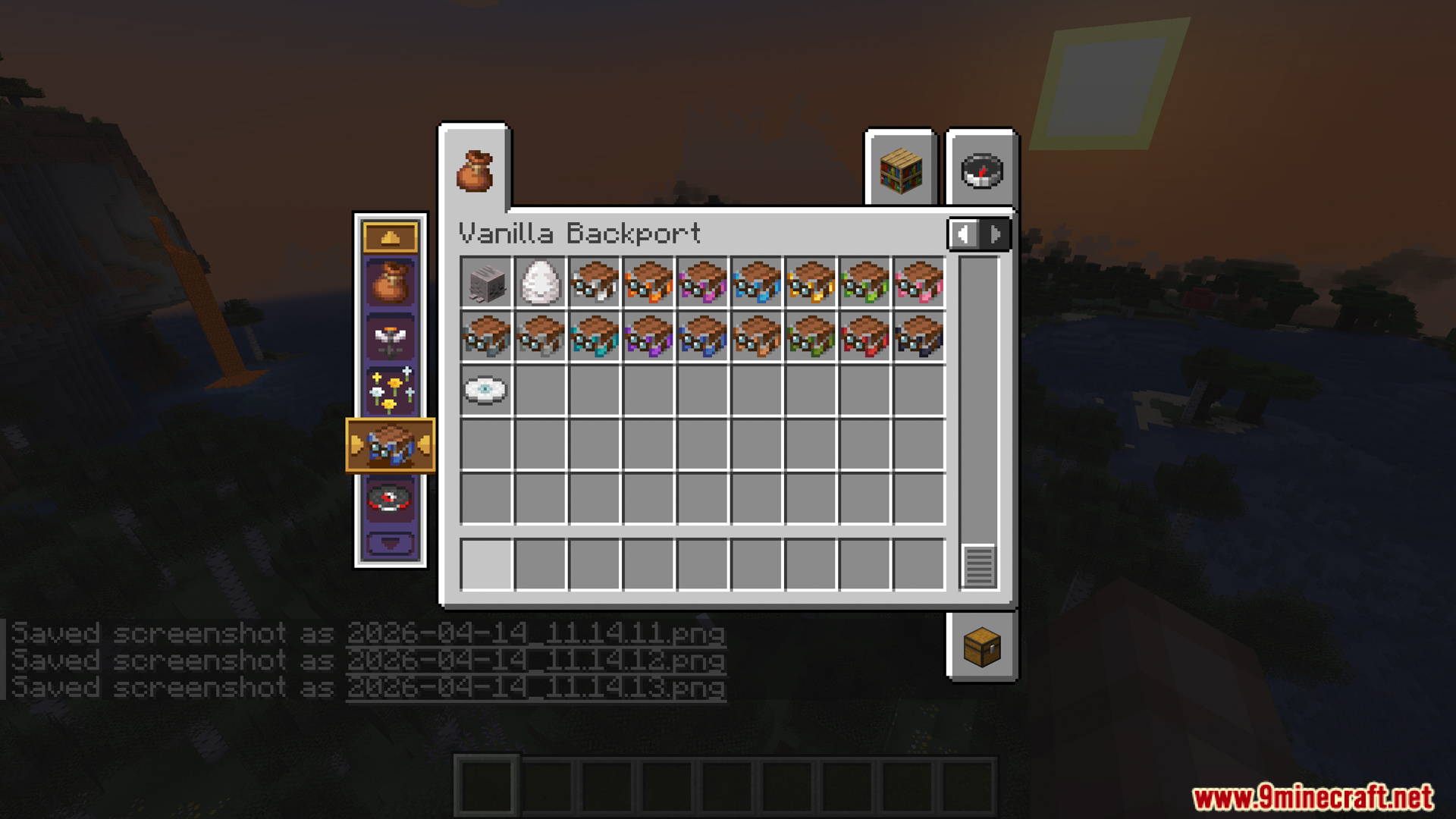 Vanilla Backport inventory tab showing chiseled bookshelves and music disc