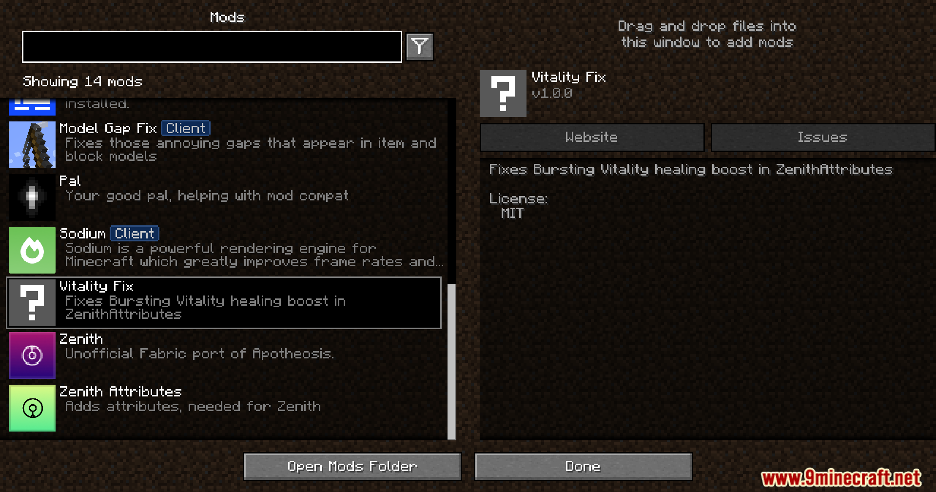 Vitality Fix mod selected in the Minecraft mods menu screen