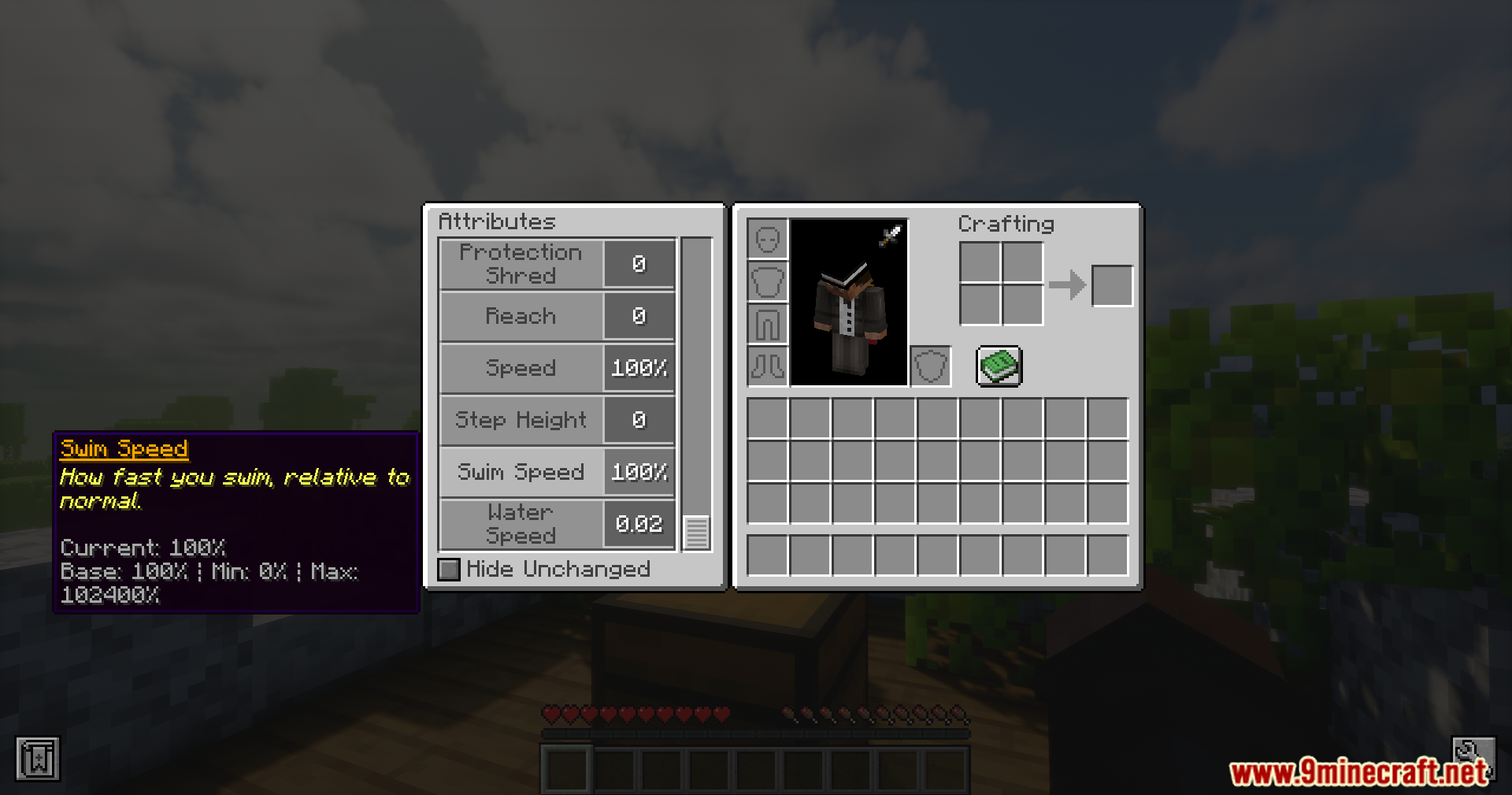 Player viewing Swim Speed attribute in Minecraft inventory menu