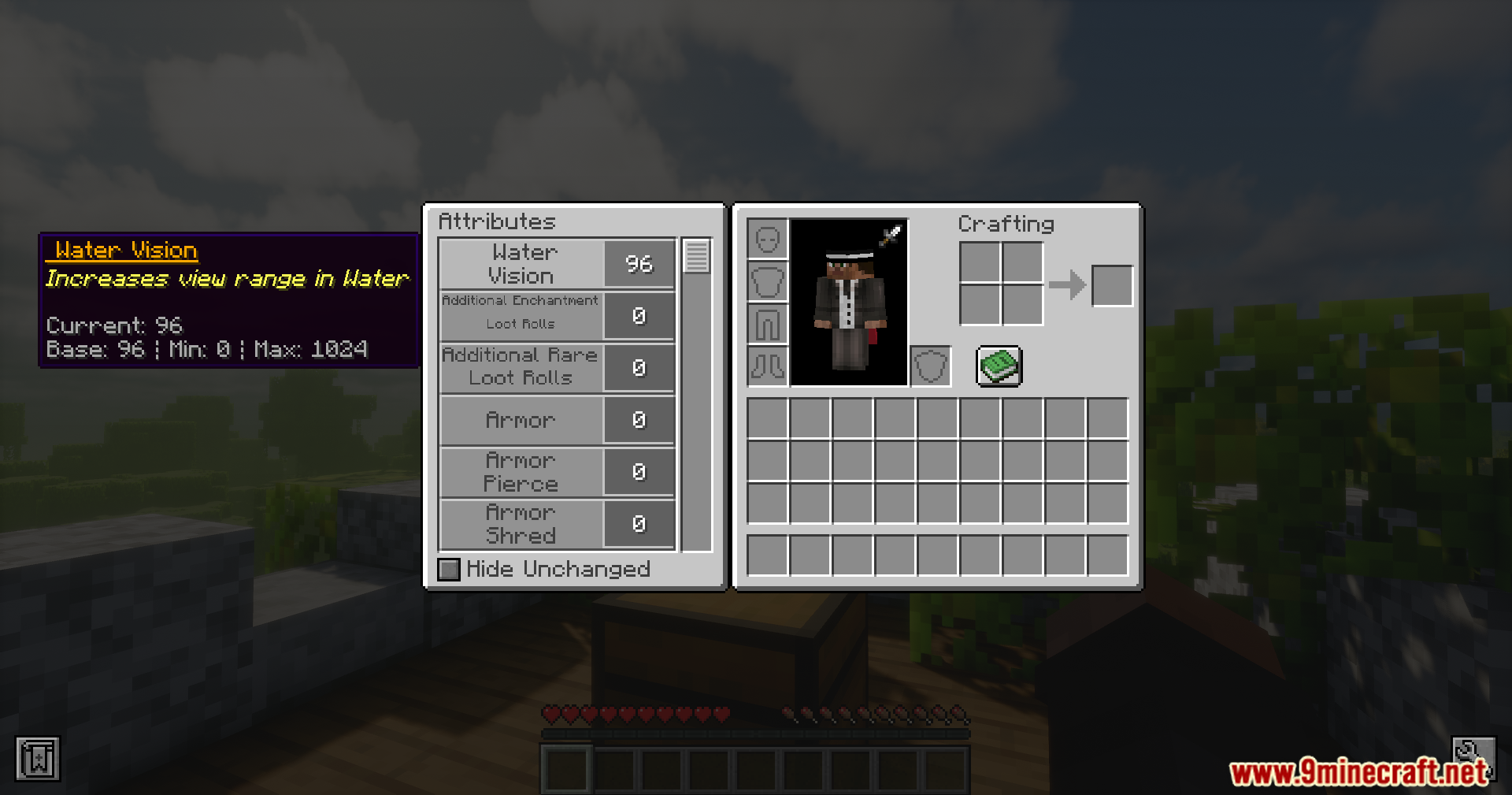Player inventory showing Water Vision attribute stats in Minecraft