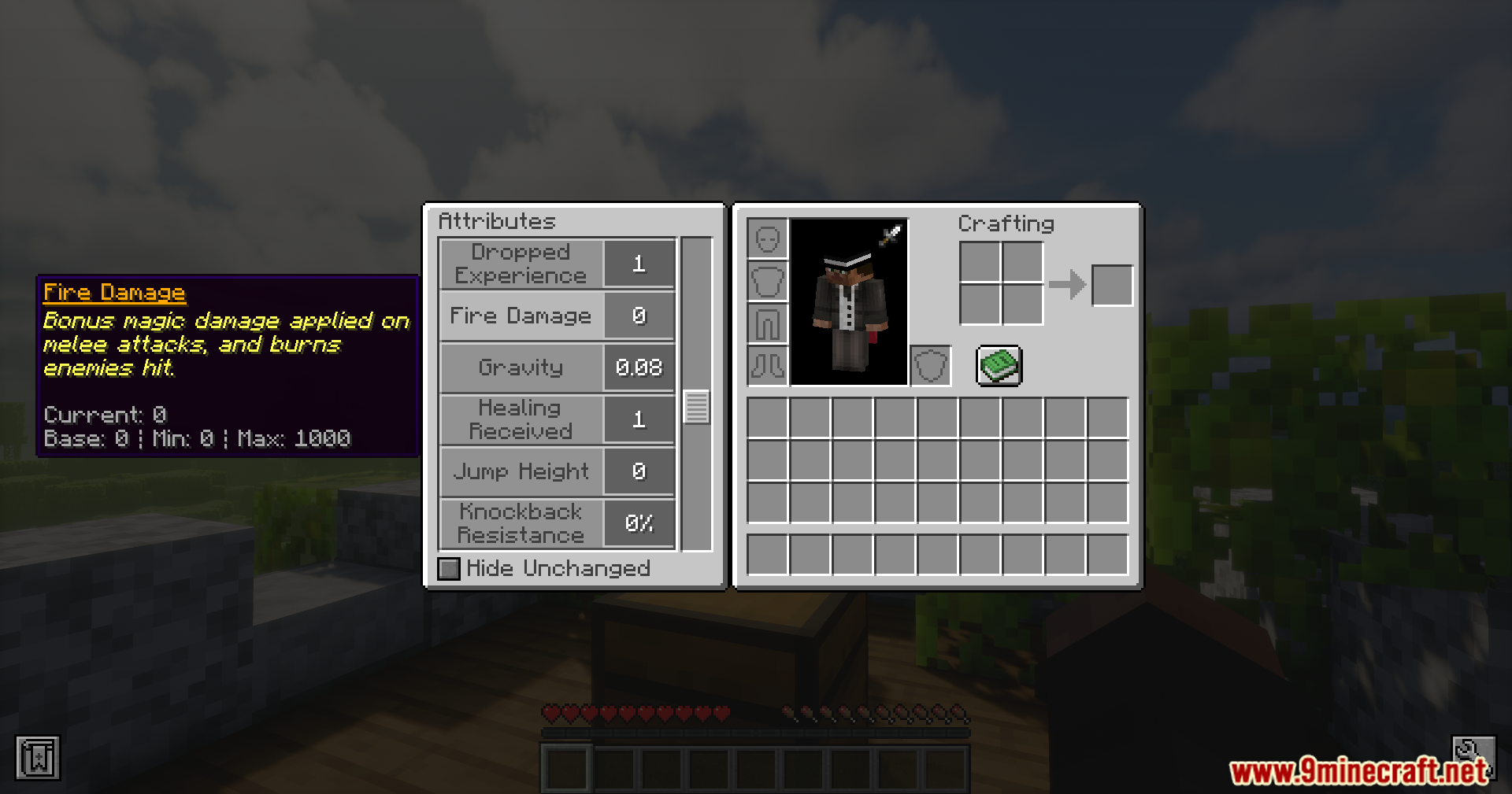 Player viewing Fire Damage attribute in Minecraft inventory menu