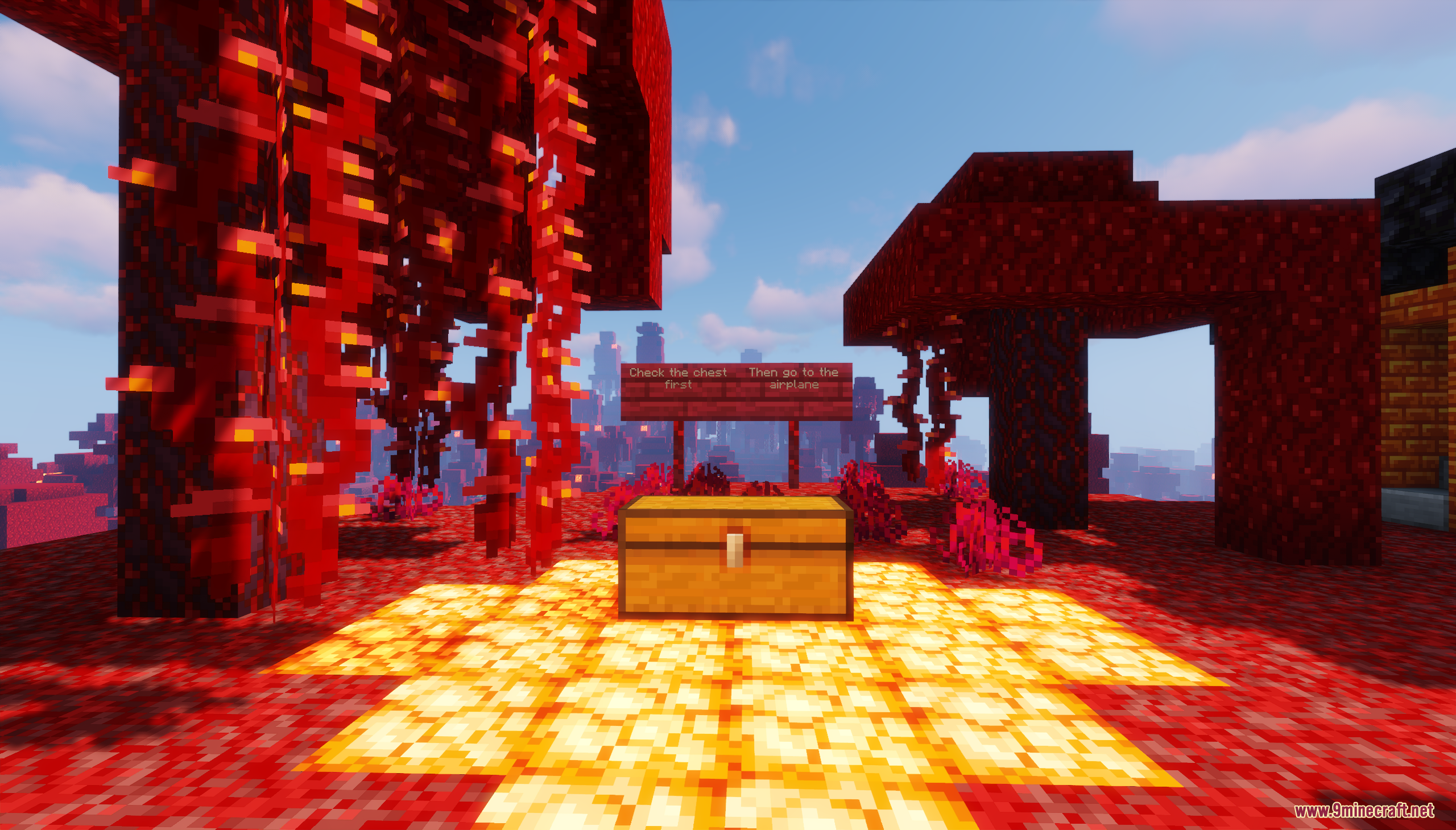 A starting chest on a glowing platform with instructions