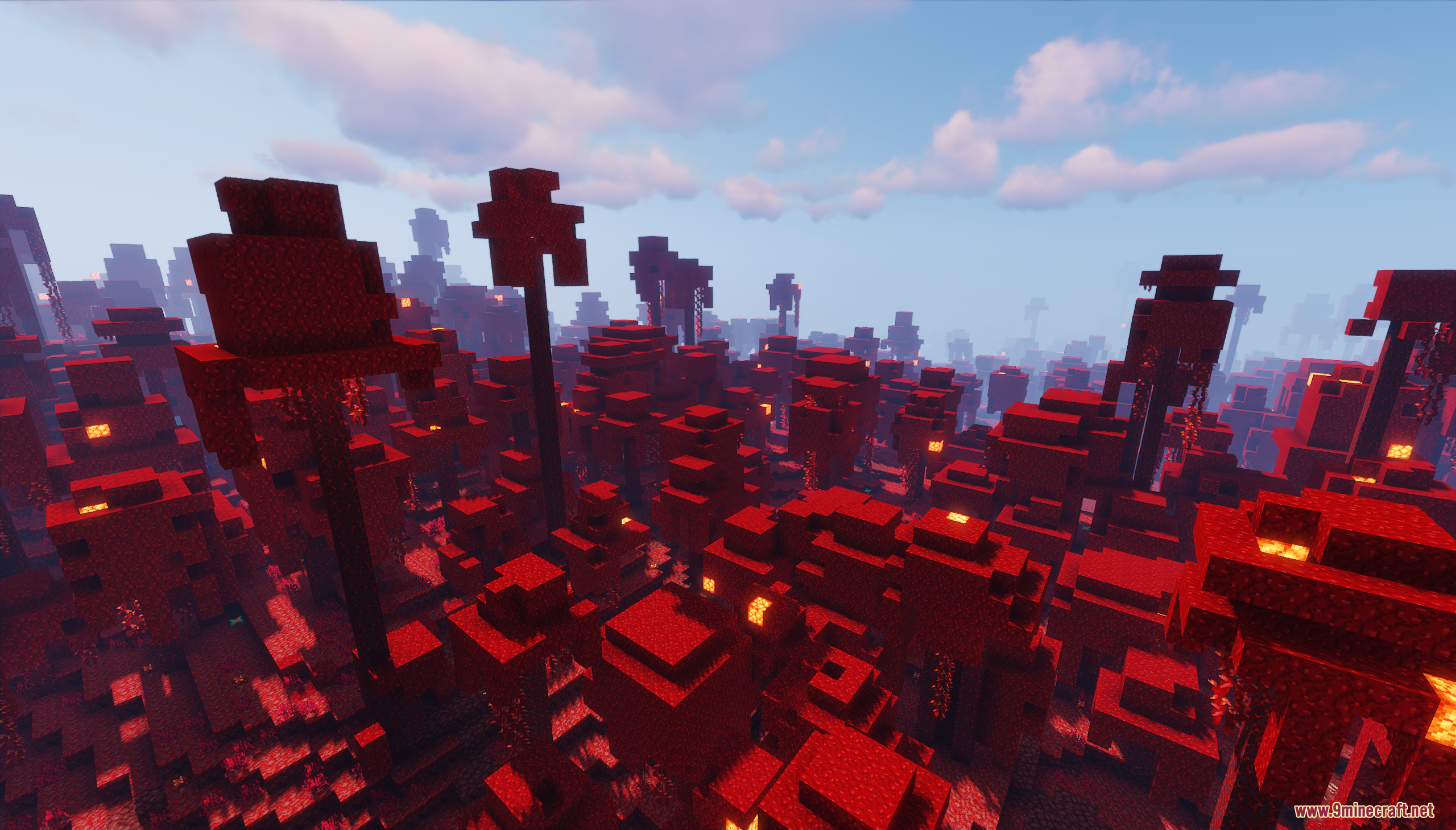 An aerial view over the dense red crimson forest canopy