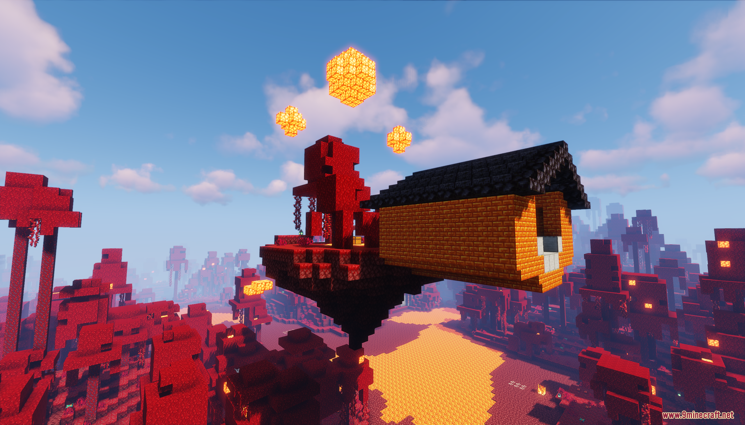 A small wooden house on a floating crimson island