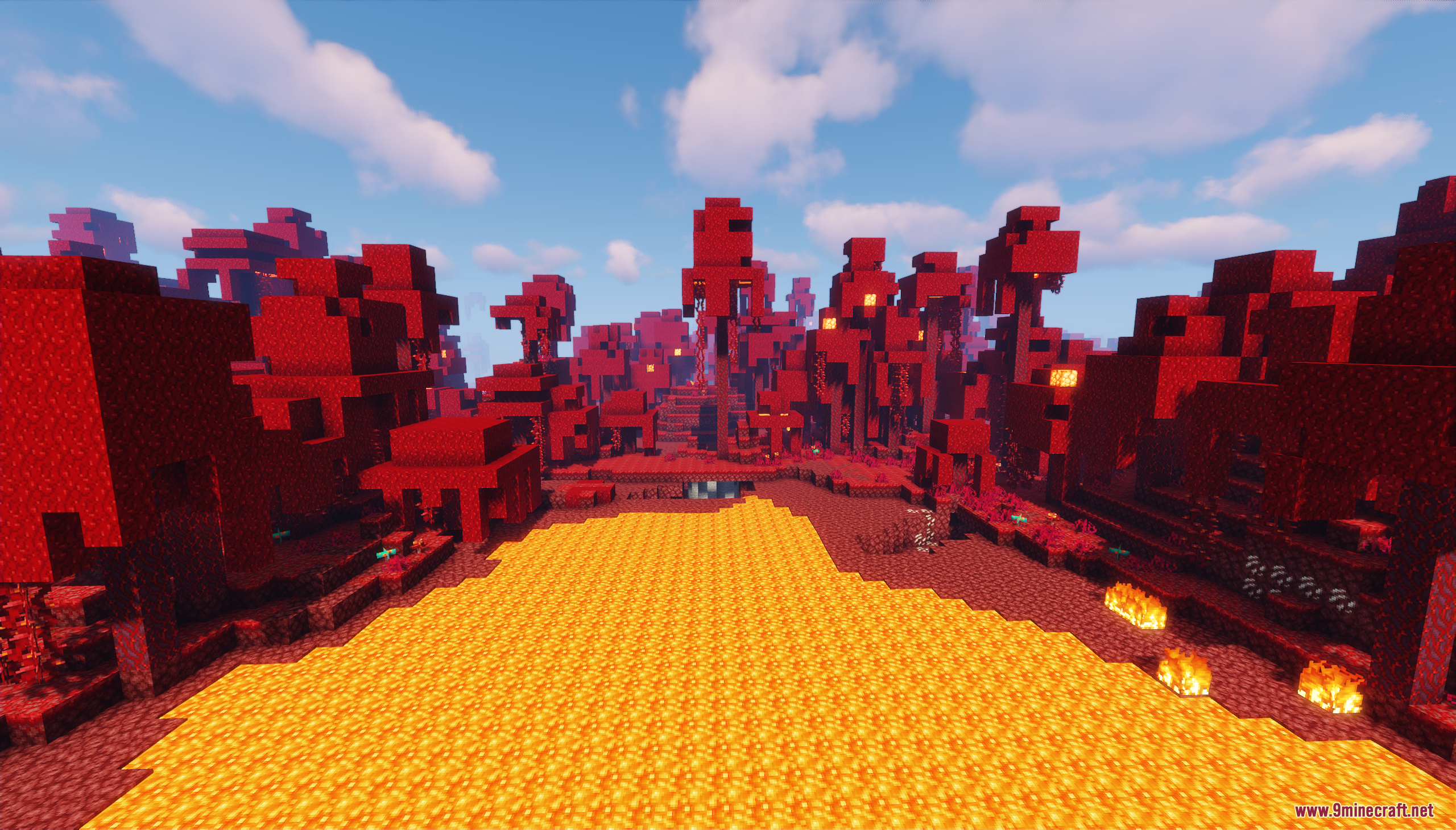 A wide river of lava flows through the crimson forest