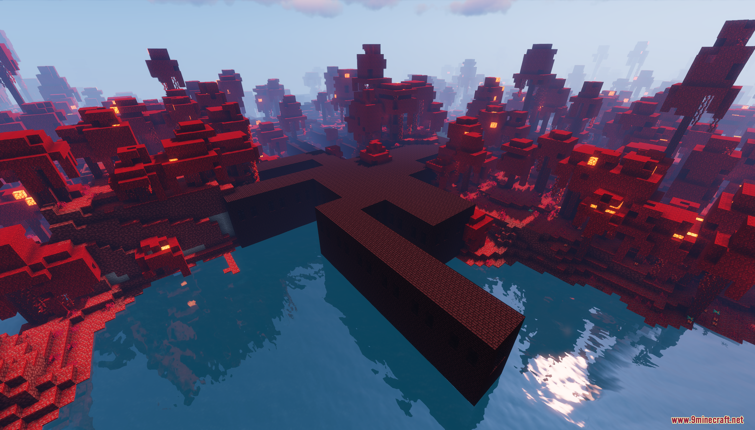 A mysterious dark red cross structure built over the water