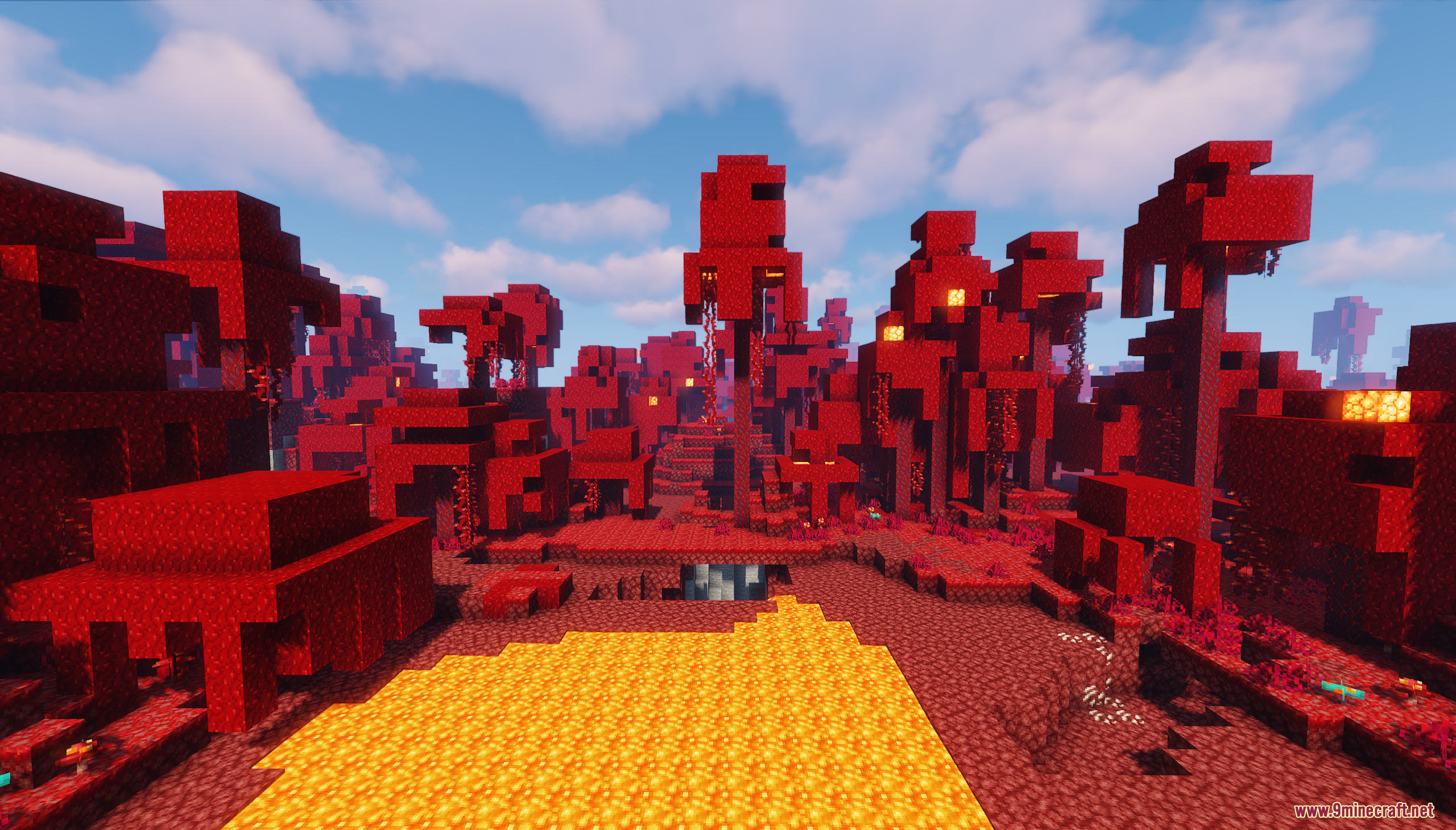 A vibrant red crimson forest with a pool of lava
