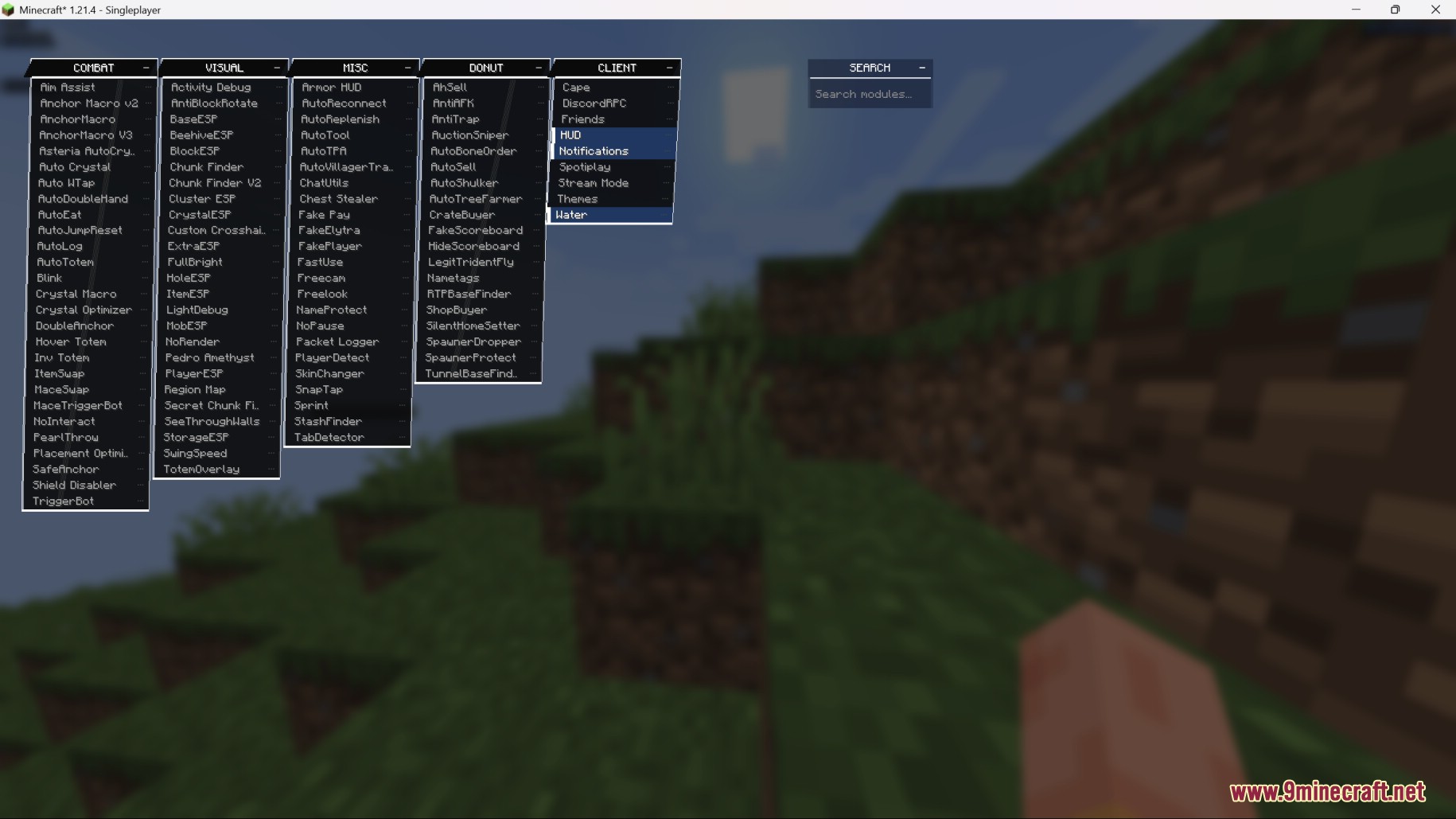 Water Client Mod dark menu displaying various cheat category options