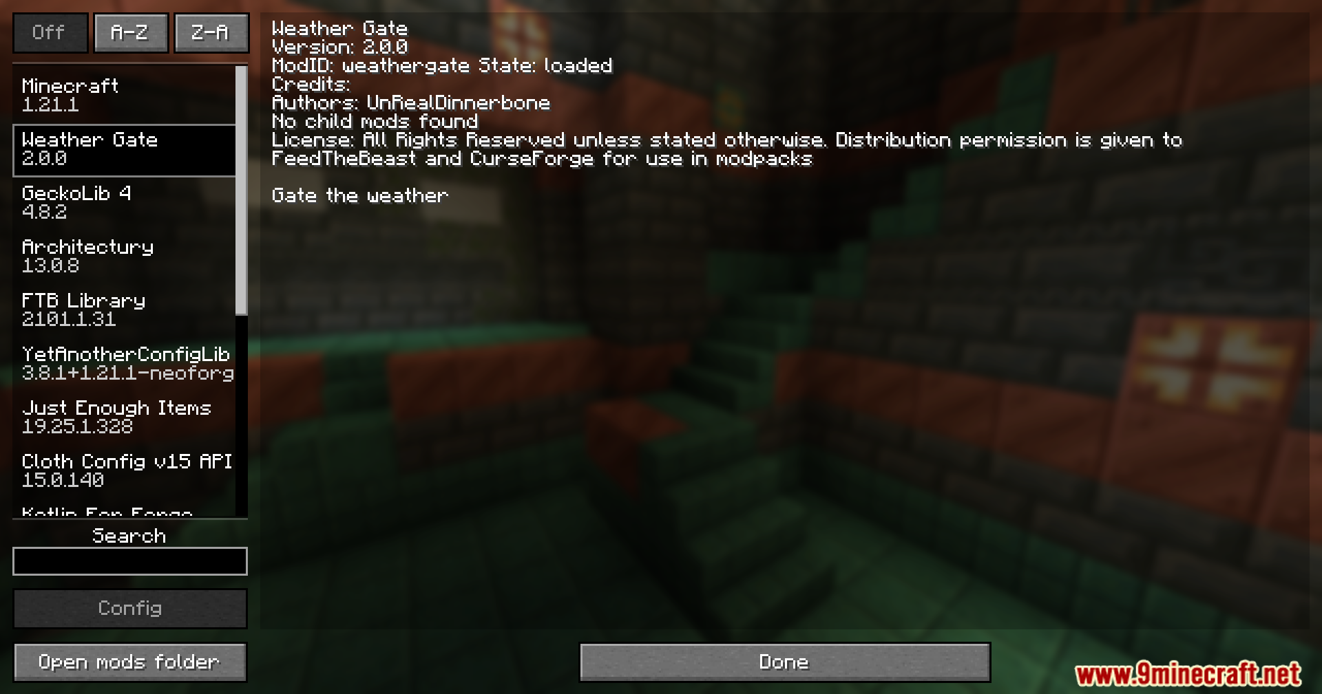 Weather Gate Mod Screenshot 1 Mod list menu showing Weather Gate mod installed in Minecraft