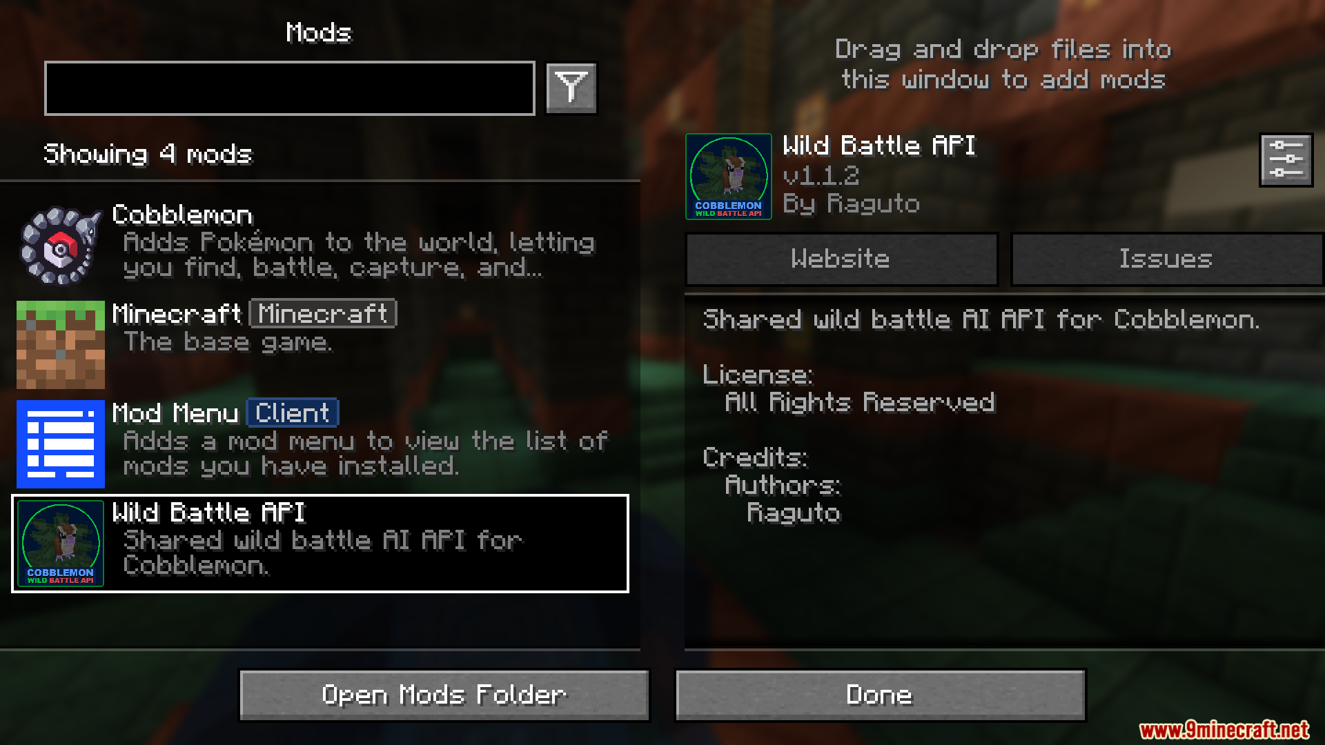 Mod menu showing Wild Battle API installed for Cobblemon