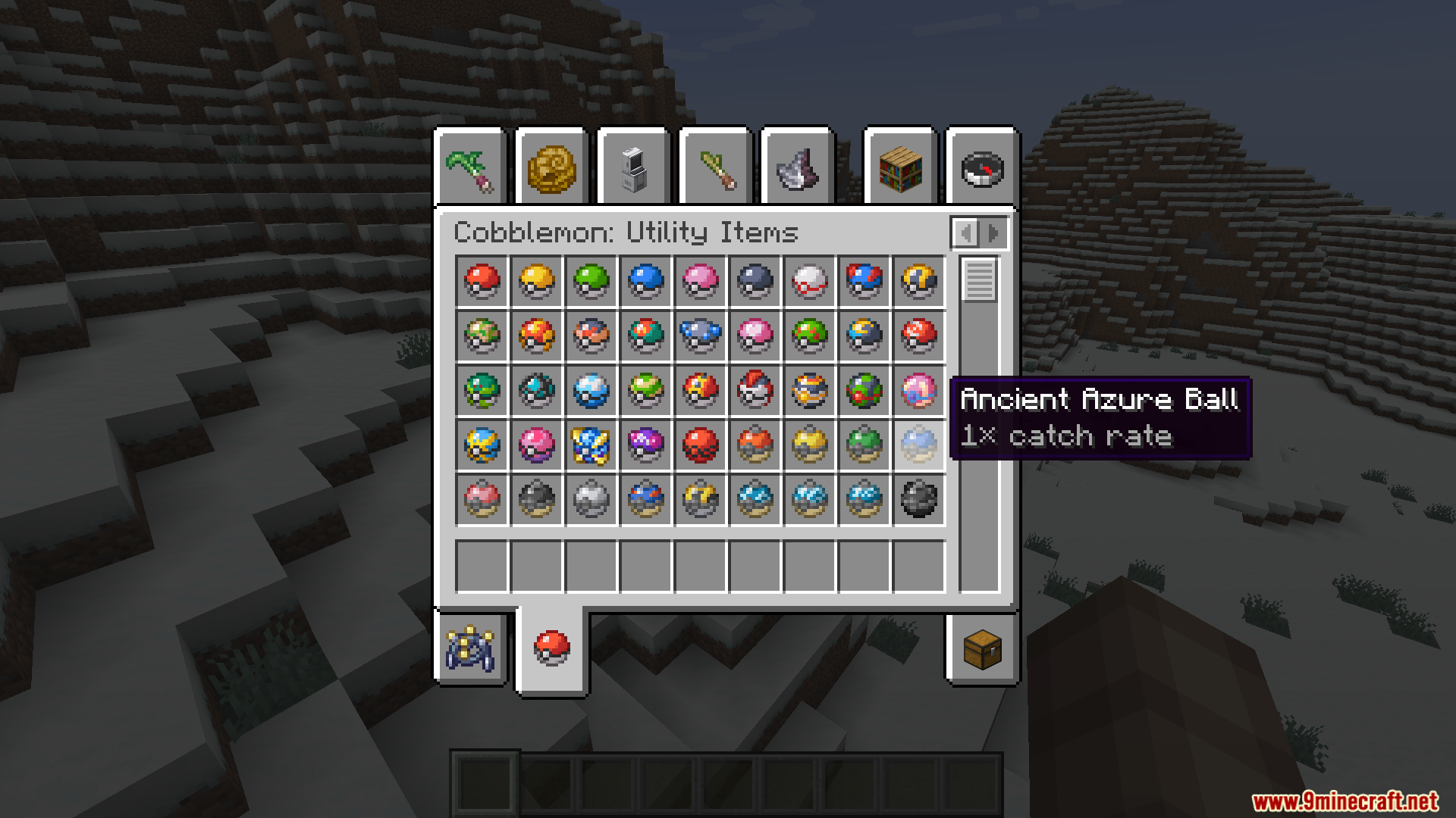 Inventory displaying various Poke Balls from the Cobblemon mod