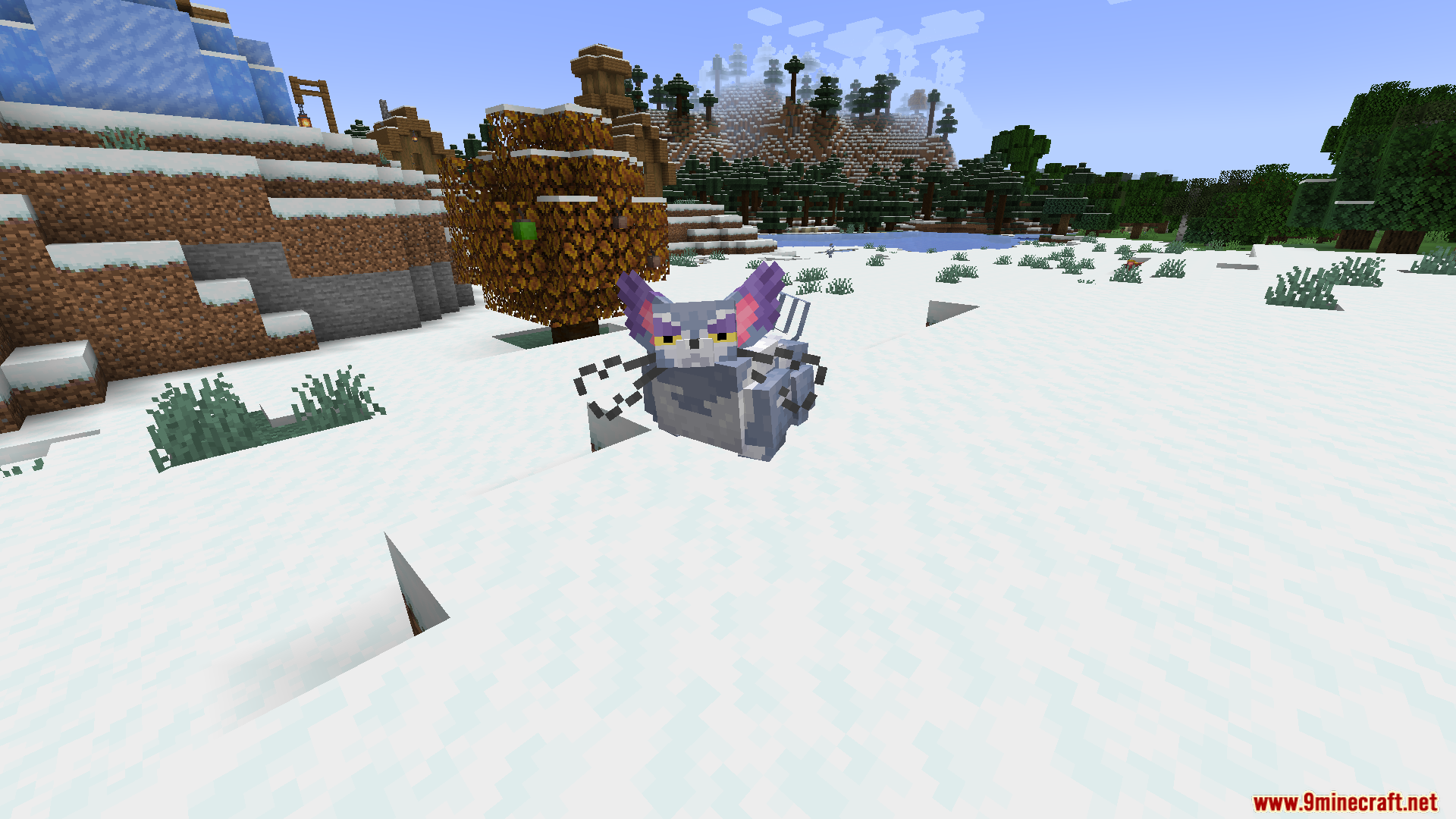 A wild Purugly Pokemon standing in a snowy biome