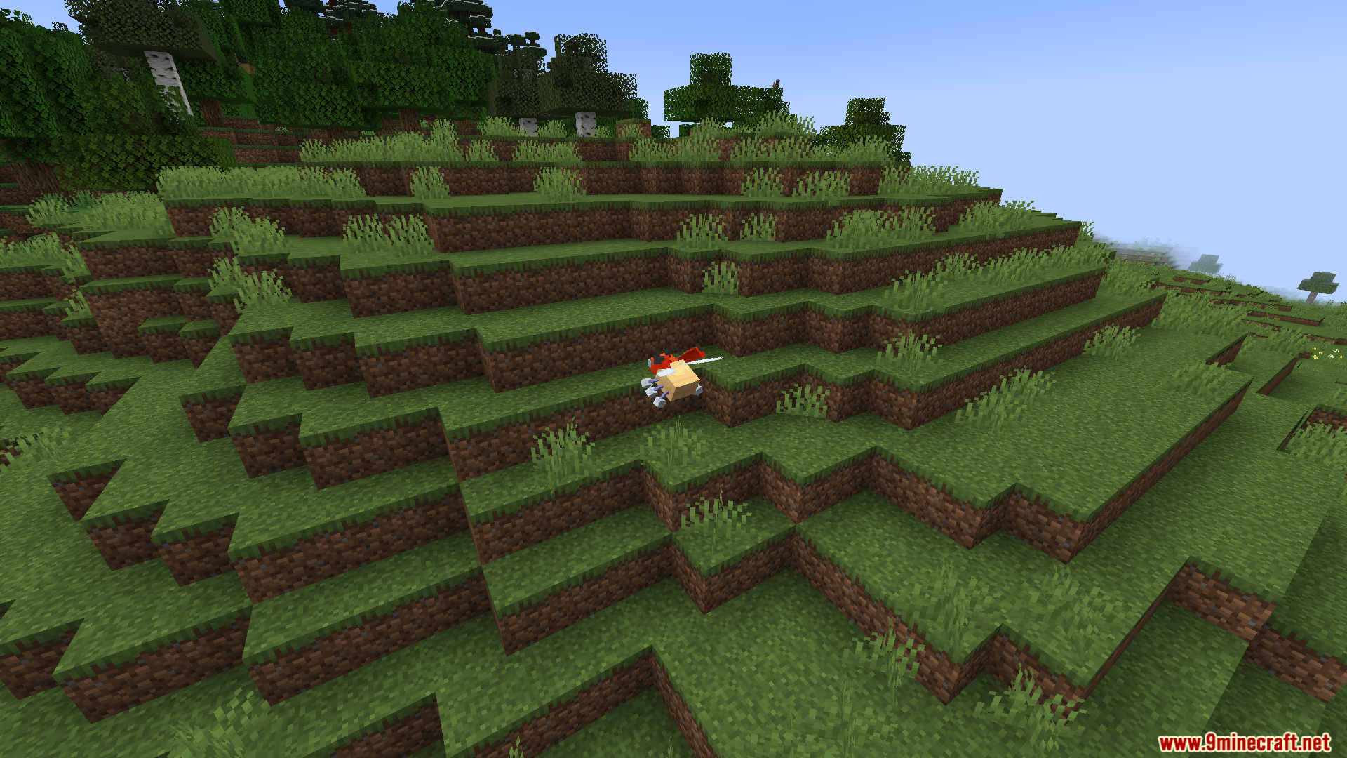 Wild Paras from Cobblemon wandering on a grassy hillside in Minecraft