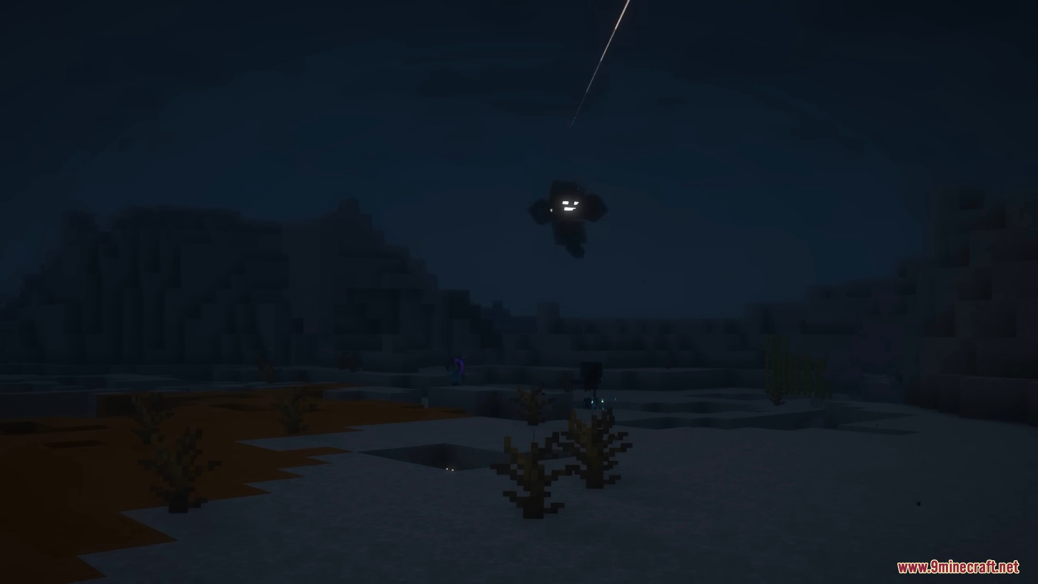 The upgraded Wither boss flying high and shooting skull projectiles