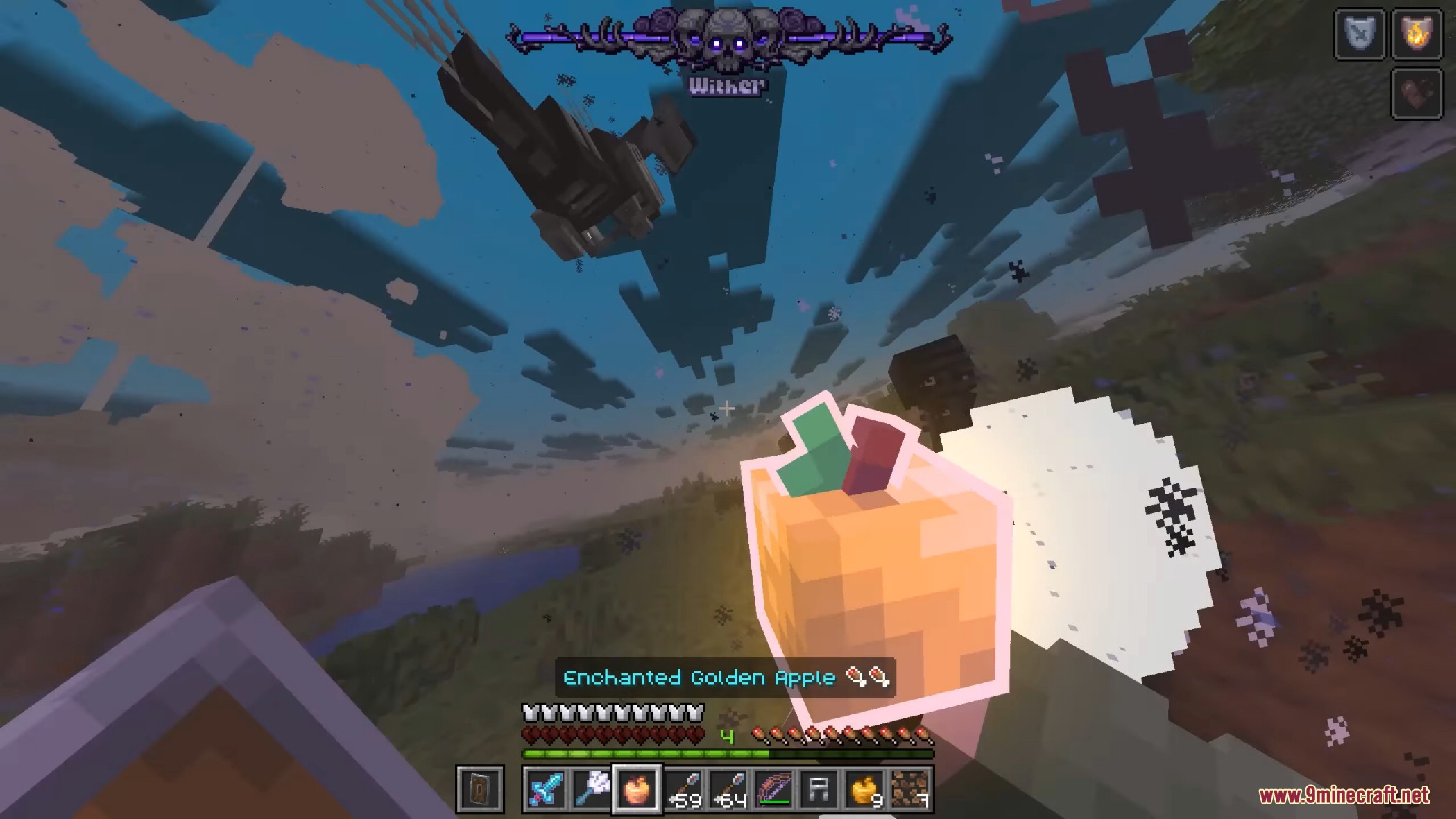 Player holding enchanted golden apple fighting boss in Withers Wrath Mod