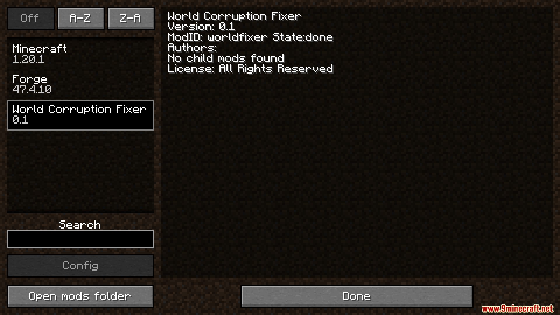 World Corruption Fixer mod in the mods menu