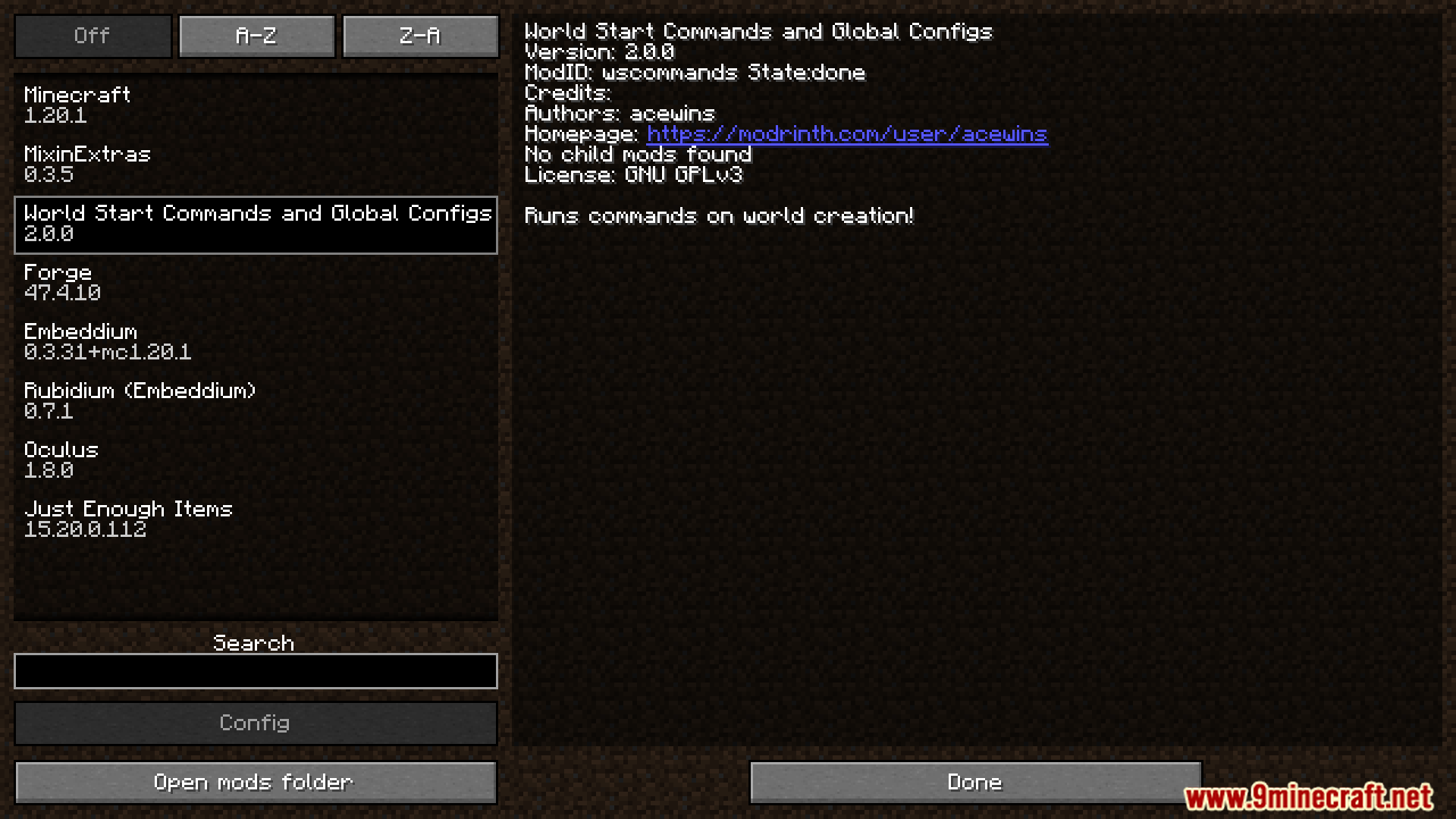 Minecraft mods menu displaying World Start Commands mod selection screen