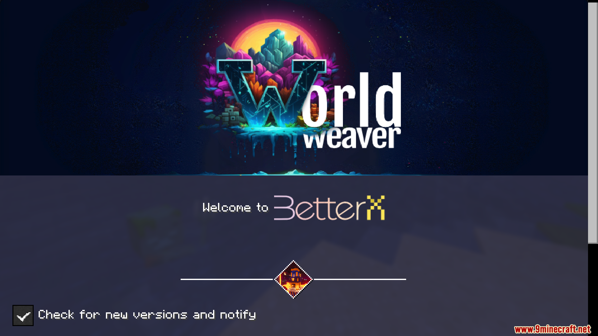 WorldWeaver Neoforge Mod Screenshot 1 Title screen showing WorldWeaver and BetterX mod logos